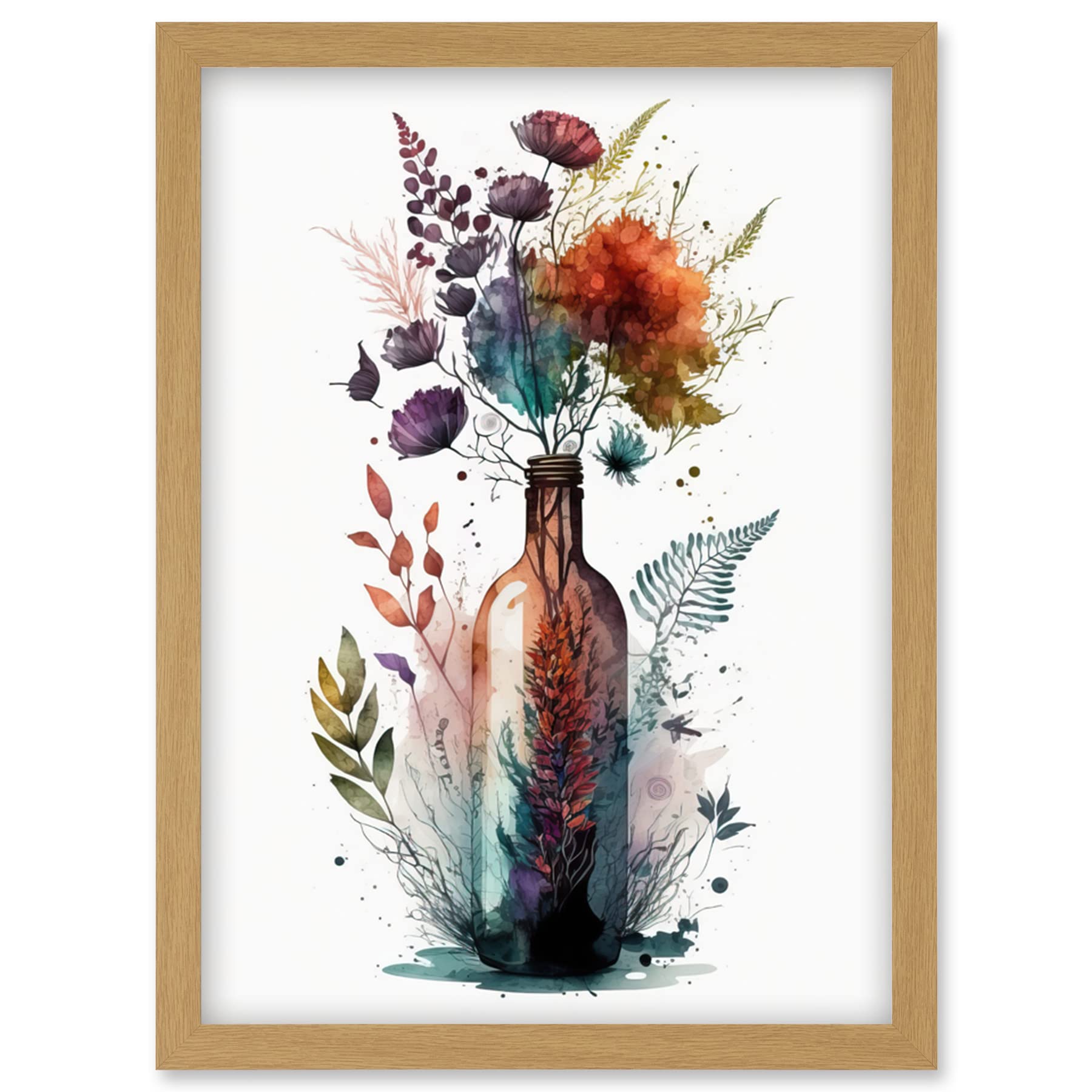 Artery8 Wine Bottle with Spring Wildflower Floral Bouquet Artwork Framed Wall Art Print A4