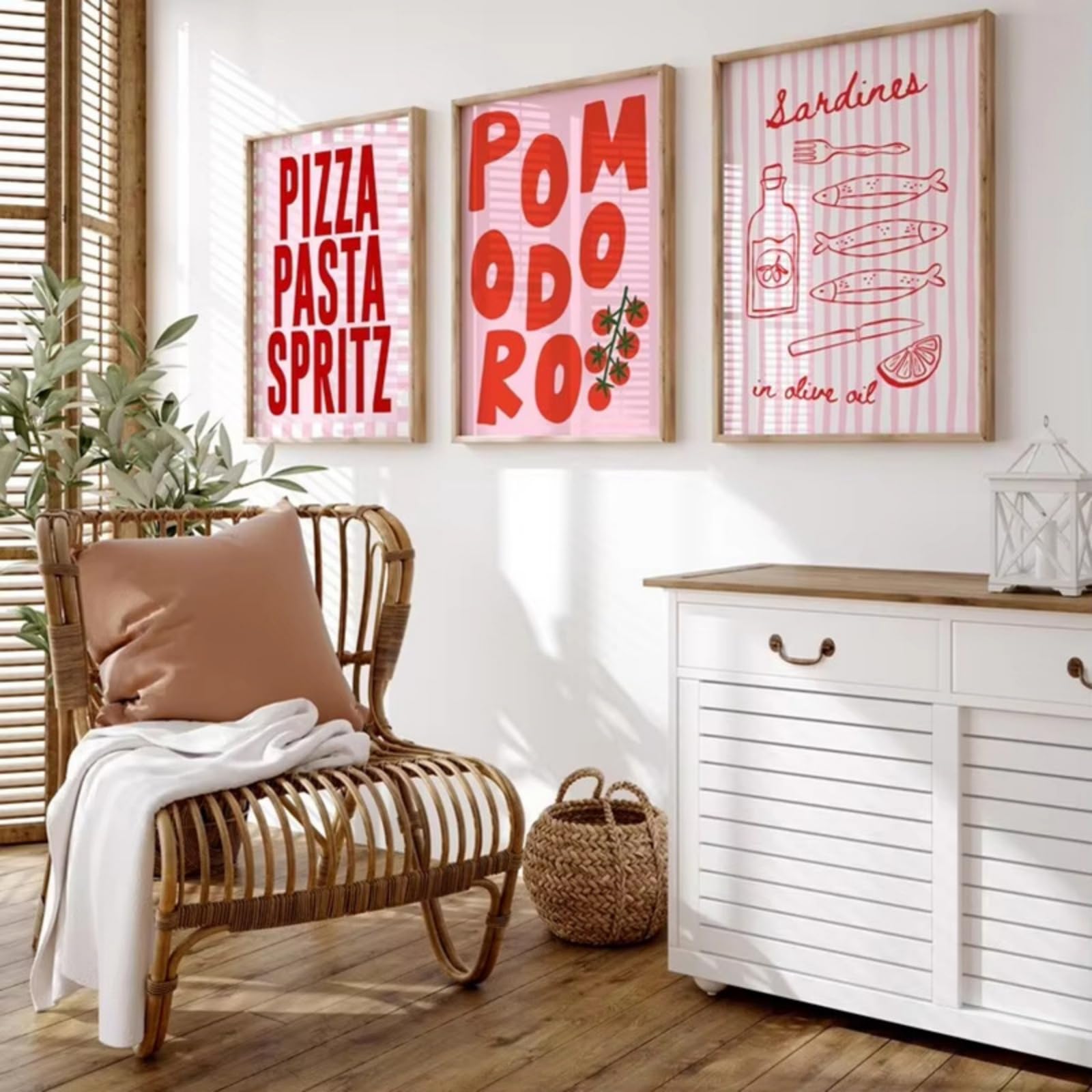 JORCEDI Funky Pink Red Kitchen Canvas Wall Art Set of 3, Retro Italian Pizza Pasta Spritz Posters Prints, Pop Art Dining Room Decor, 21x30-50x70cm, Unframed (50x70 cm,A)