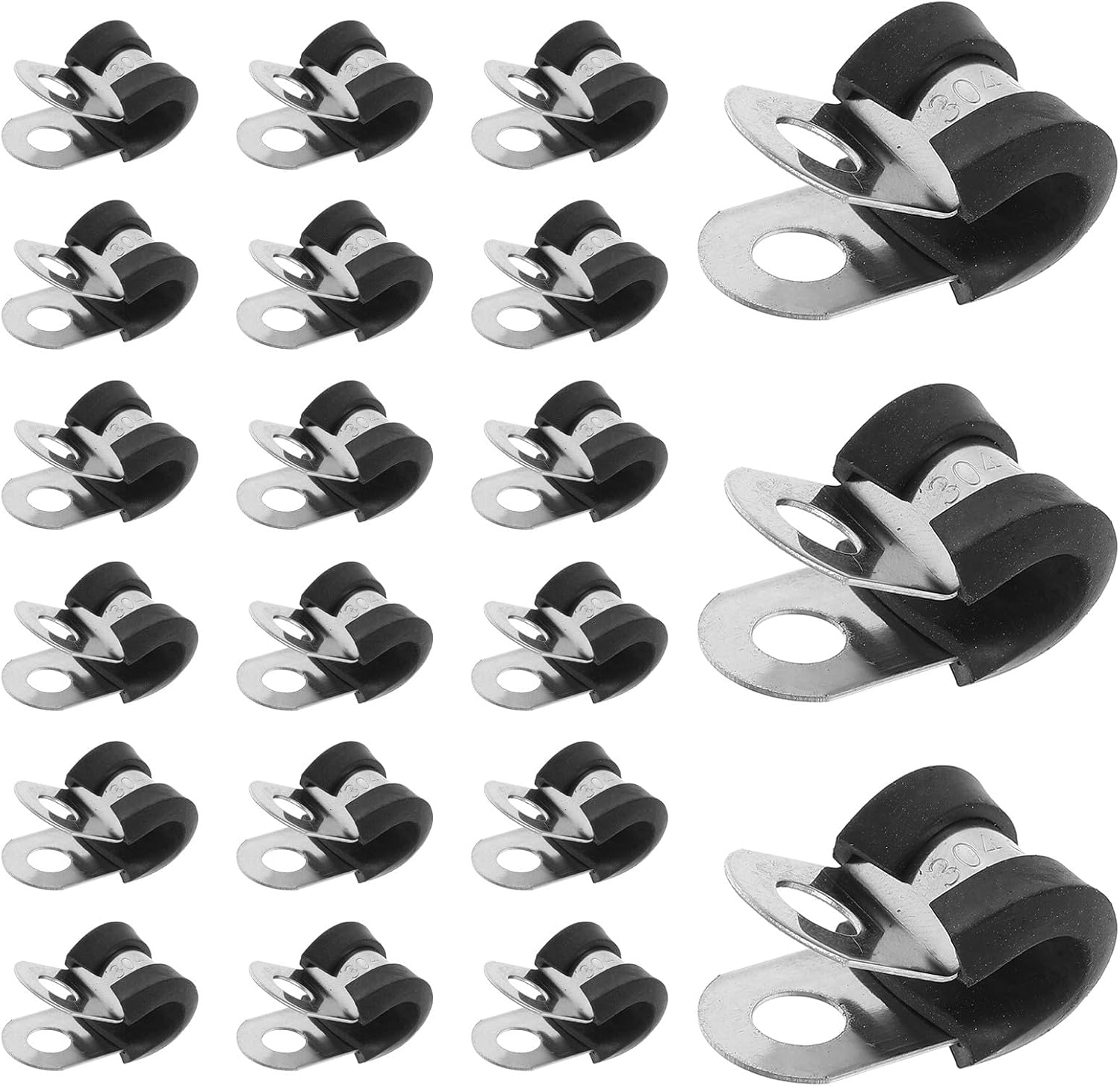 Amosfun 100pcs 304 Stainless Steel R-shaped Cable Clamps Rubber Strip 6mm U-shape Tube Fixing Clamps Heavy Duty Conduit and Hose Repair Clips for Electrical Wire Management