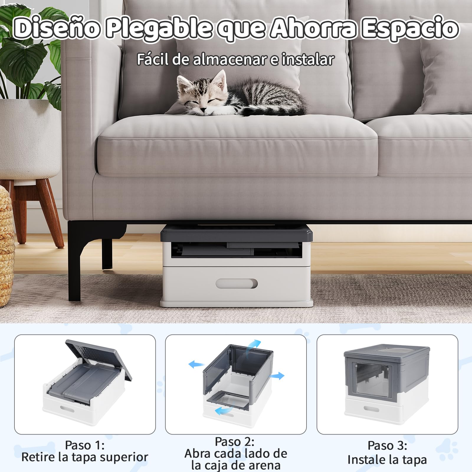 COSTWAY Arenero para Gatos Cubierto, Caja de Arena para Gatos Grande con Entrada Frontal y Salida Abatible, Bandeja Portátil, Cajón, Arenero Cerrado Plegable para Gato, 50x38x37 cm (Gris + Blanco)