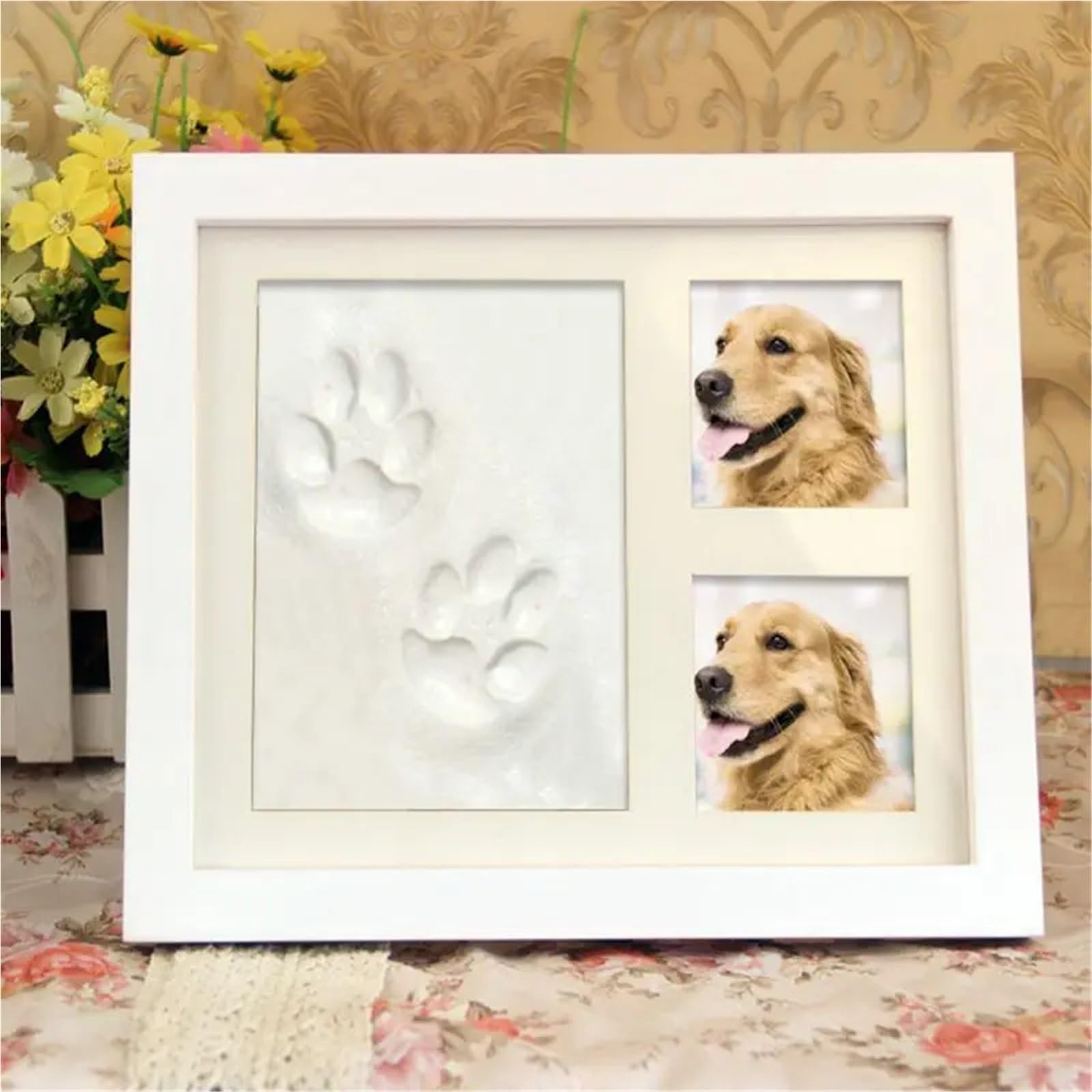 Pet Pawprint Keepsake Kit Picture Frame Wooden Photo Dog Or Cat Clay Mold For Paw Print(Color2)