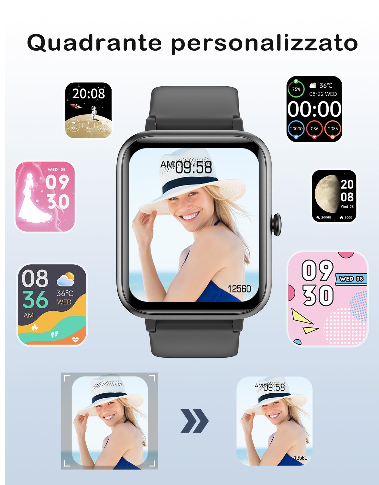 Smartwatch Uomo Donna Chiamate Bluetooth Orologio Fitness Cardiofrequenzimetro Saturimetro 100 Modalità Sportivo Nero