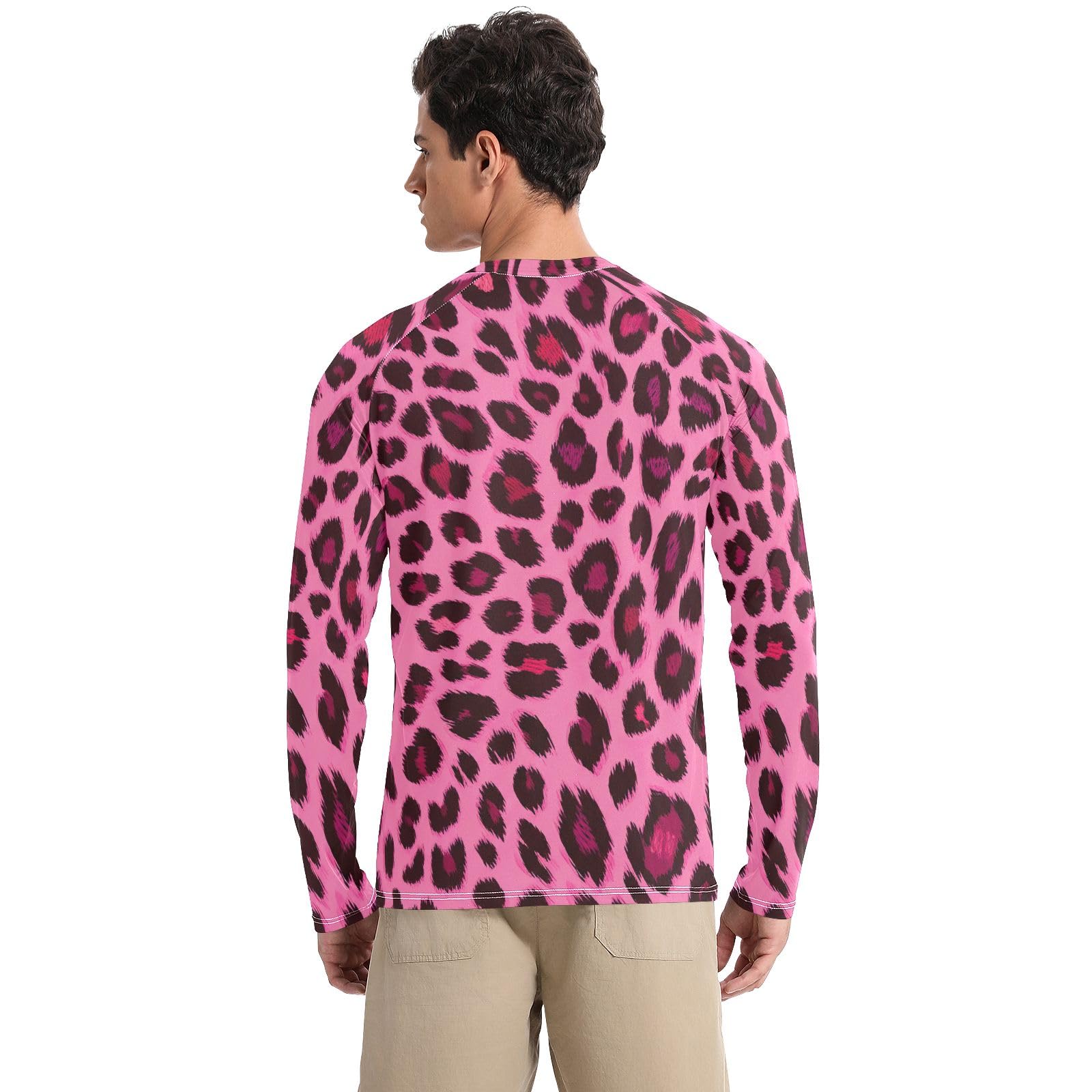Red Pink Leopard Print Sun Shirts UPF 50+ Sun Protection Long Sleeve Men Rash Guard Quick Dry Swim Shirts, Medium