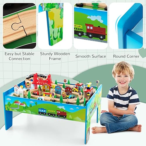 Miniatura 8 de INFANS Mesa de tren, 80 piezas de madera para niños con mesa reversible desmontable, pistas, tren, ferrocarril, ciudad, regalo para niños y niñas a