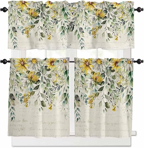 Cortinas de cocina de hojas de eucalipto verdes, juego de 3 piezas de cortina de cocina retro floral de 24 pulgadas de largo, cortinas rústicas con