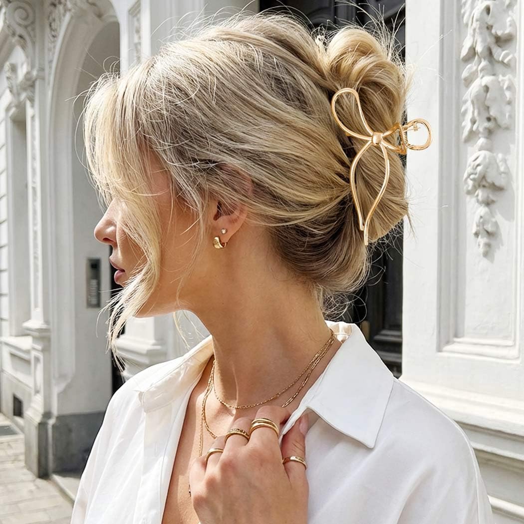 Gold Bow Hair Clips for Women Fine Hair Elegant Nonslip Jaw Clips Amazon.com : CAKURE Bow Claw Clip Gold Metal Hair Clips  main image 4