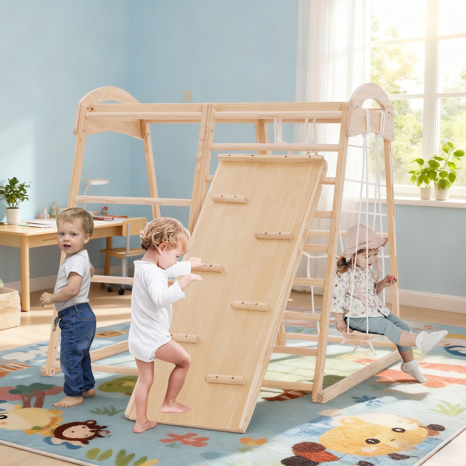 8 in 1 Klettergerüst Indoor für Kinder, Indoor Spielplatz Jungle Fitnessstudio Holz Kletter Spielset mit Rutsche, Schaukel, Affen Bars,Kletterwand, Kletterseil, Spielplatz für Kinderzimmer