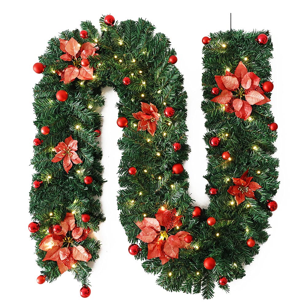 DUBEDAT 9FT/2.7M Red Christmas Garland with Lights Christmas balls Flowers Decor for Fireplace Stair Decoration Illuminated Christmas Wreath with 70 LED lights Xmas Tree Decoration