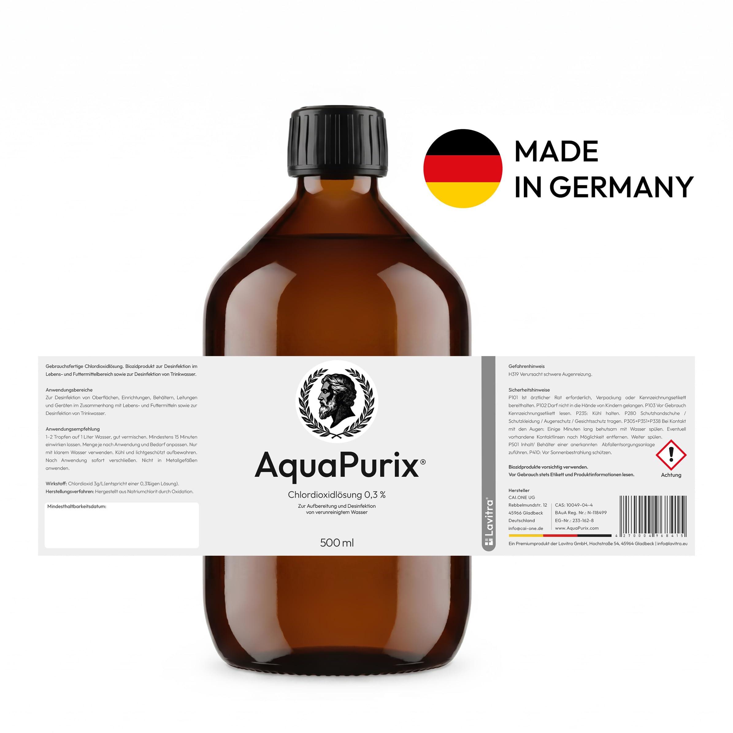 Chlordioxidlösung 0,3% mit Pipette – CDL – 500 ml – Zur Wasseraufbereitung und Desinfektion von Trink- und Brauchwasser – Made in Germany
