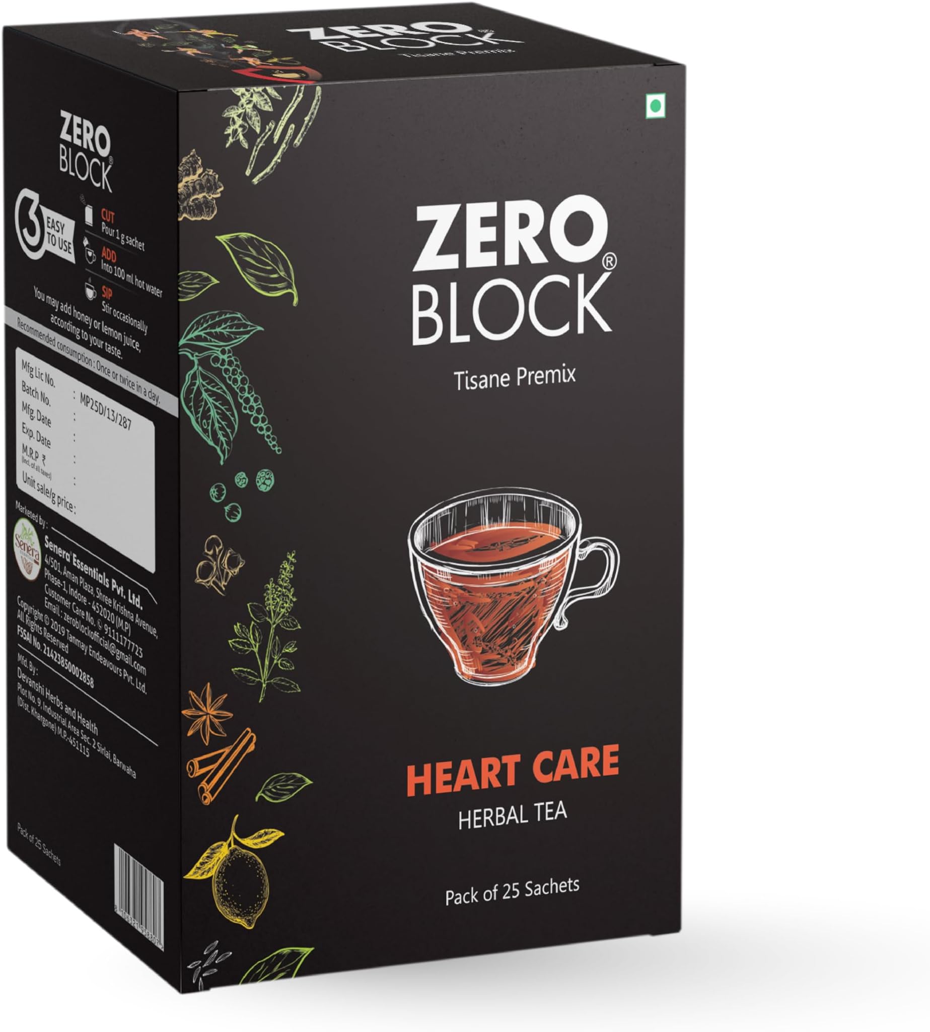 Zero Block Heart-Care Herbal Tea – 25-Sachet Tisane Premix (Arjuna, Cinnamon, Ashwagandha, Mulethi, Lemon, Ginger & Green Tea) – Heart & Immunity Support