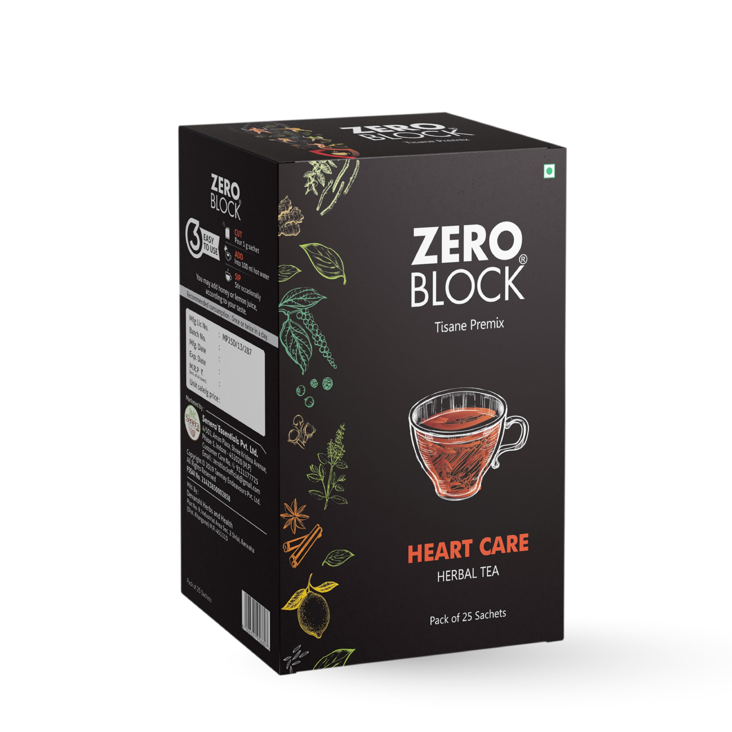 SENERA Zero Block Heart-Care Herbal Tea – 25-Sachet Tisane Premix (Arjuna, Cinnamon, Ashwagandha, Mulethi, Lemon, Ginger & Green Tea) – Heart & Immunity Support