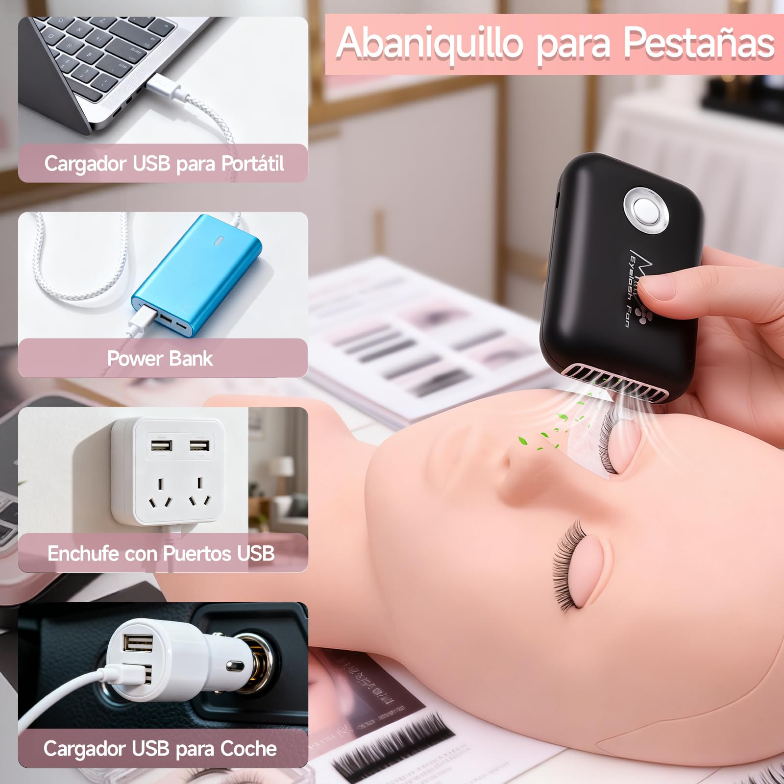 TwoWin Kit Extensiones de Pestañas, Kit de Pestañas para Principiantes | Maniquí Pestañas para Practicar con 4 Pares de Párpados Extraíbles, Ventilador USB, Pinzas