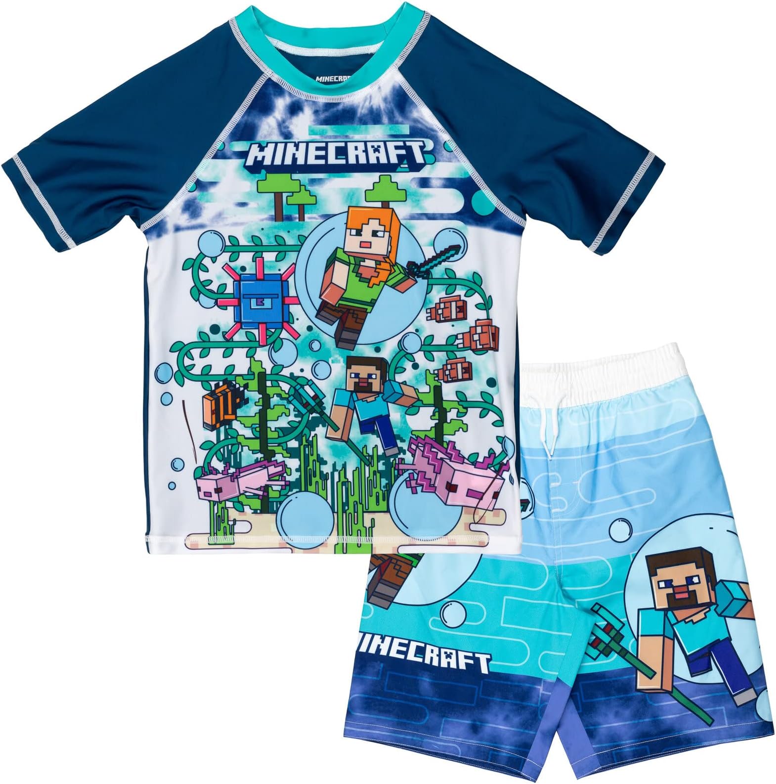 Raglan Rash Guard and Swim Trunks UPF 50+ Outfit Set Little Kid to Big Kid Sizes (4-18-20)