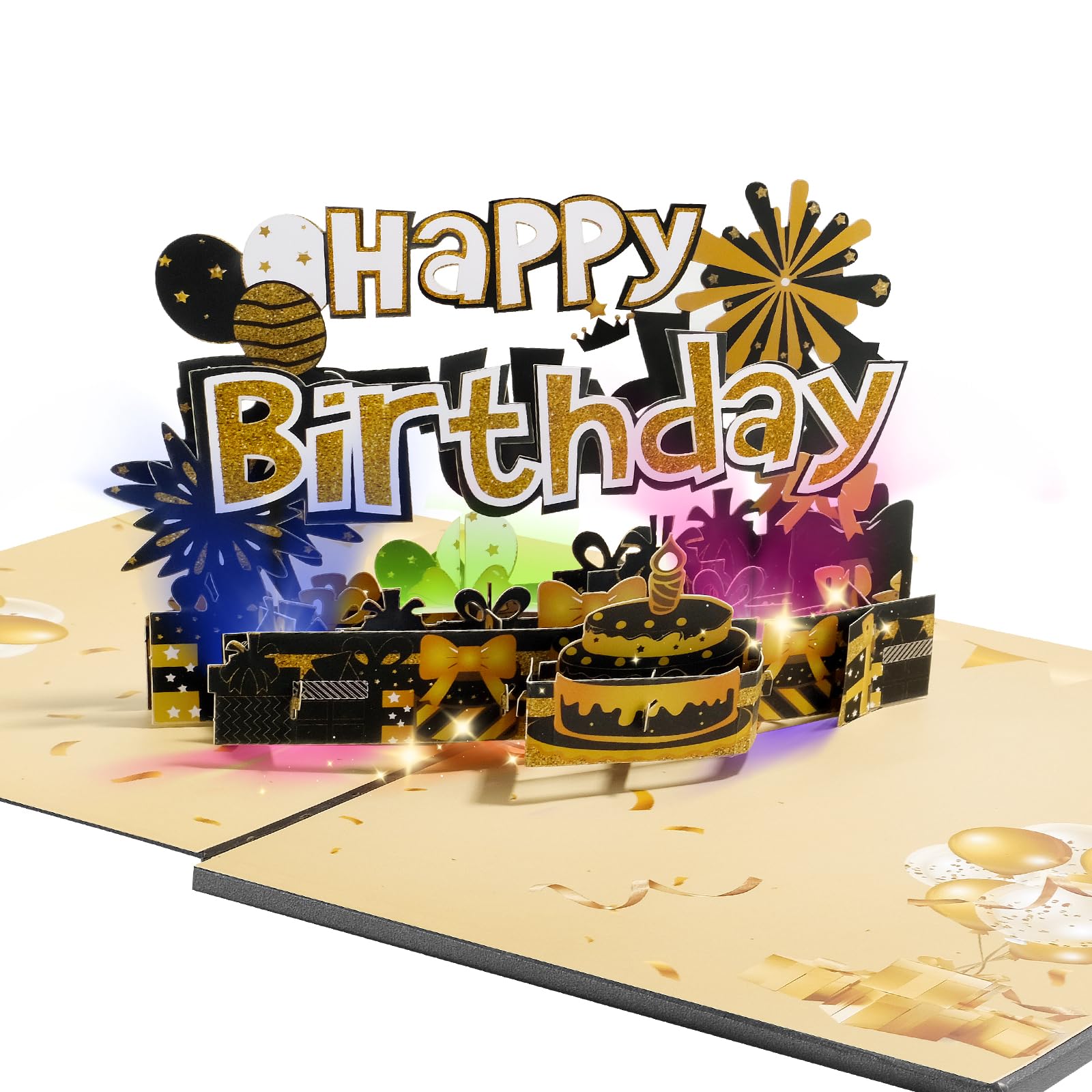 CANREVEL Birthday Cards 3D PopUp LED Light Candle Cake Music Happy Birthday Card Postcards Greeting Cards Gifts Ideas for Women, Men - Black Gold