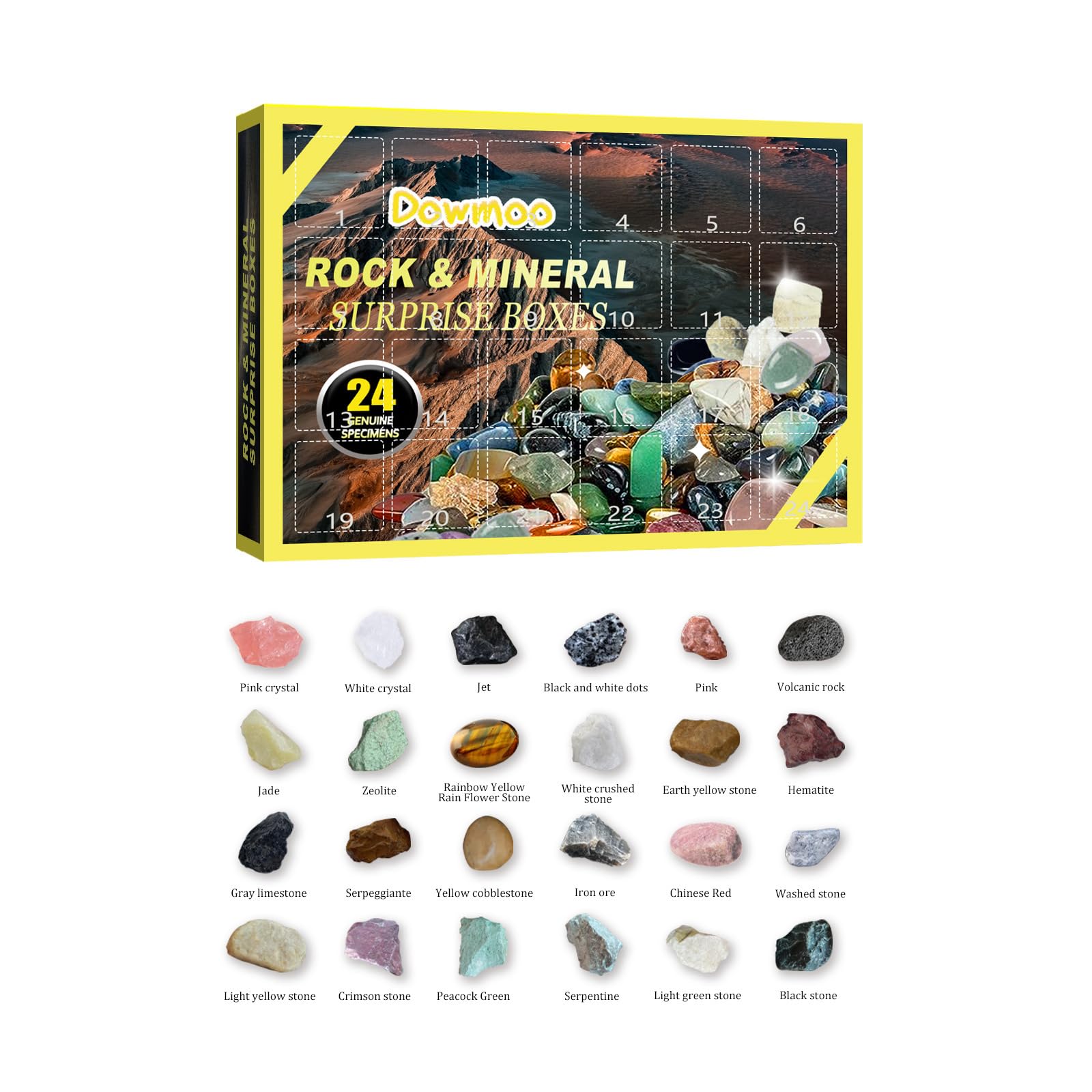 Advent Calendar - 24 Grid Rocks, Minerals & Fossils Healing Crystals Gem Kit 24 Days Christmas Countdown Calendars Gifts for Kids Girls Boys Geology Enthusiasts Treasure Ore Guessing Fun (transverse)