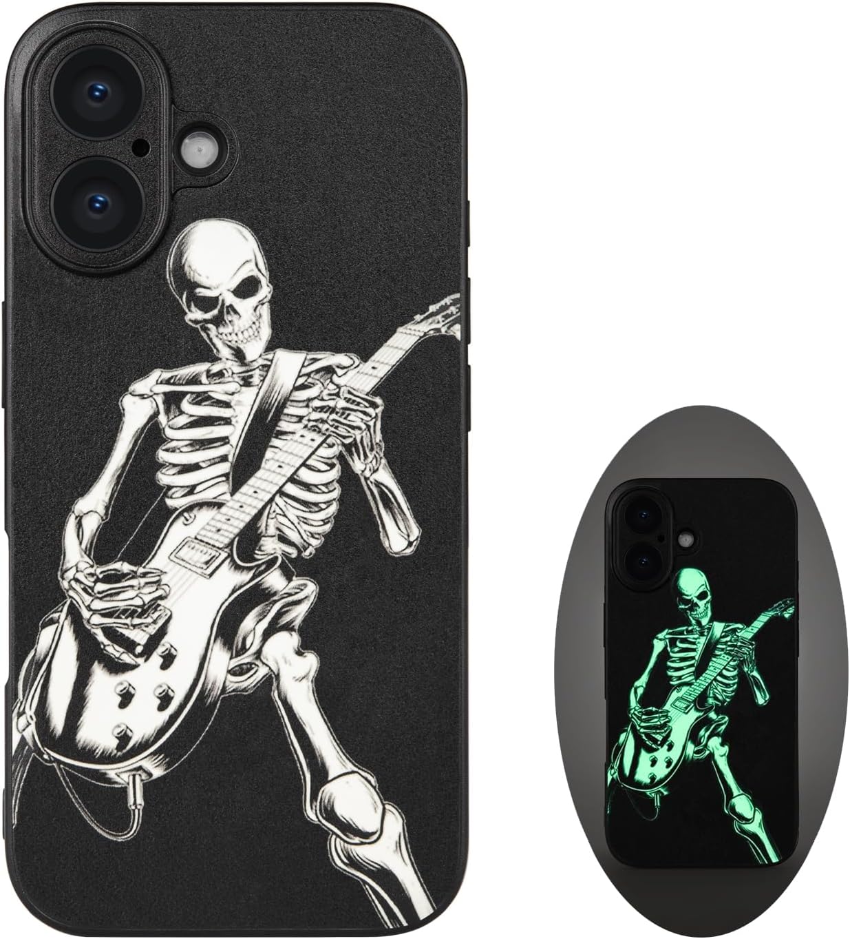 Skull Phone Case for iPhone 16, Skeleton Playing Guitar, Cool Goth Edgy Gothic Dark Emo Luminous Design, Rock n Roll Style, Light Up Glow in The Dark, Leather Finish (iPh 16-Skeleton Playing Guitar) iPhone 16 iPh 16-Skeleton Playing Guitar