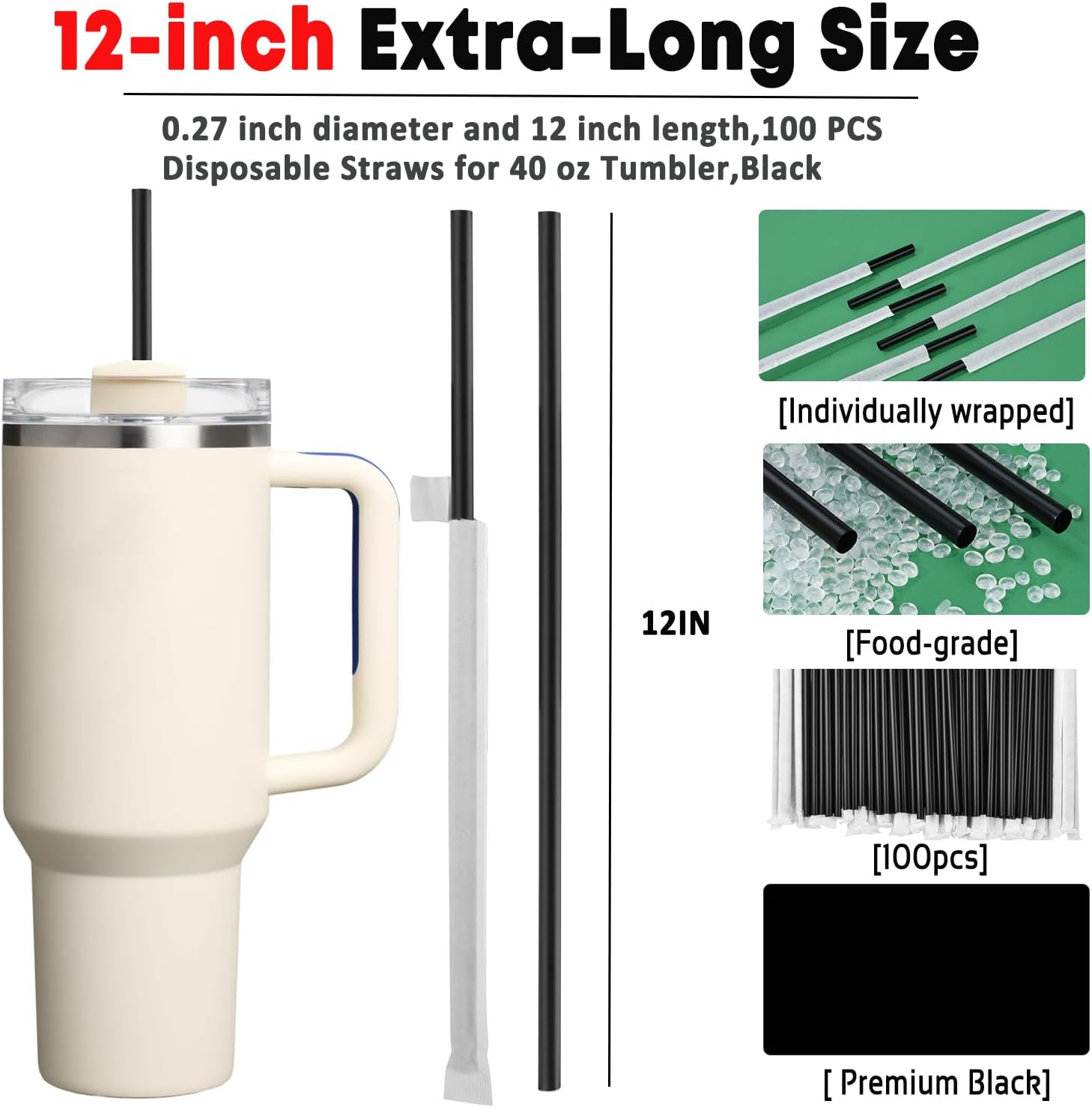 100PCS Disposable Straws for 40 Oz Tumbler, 12in Extra Long Individually Wrapped Straws for Stanley 40 Oz 30 Oz 20 Oz Cup, Black - Image 2