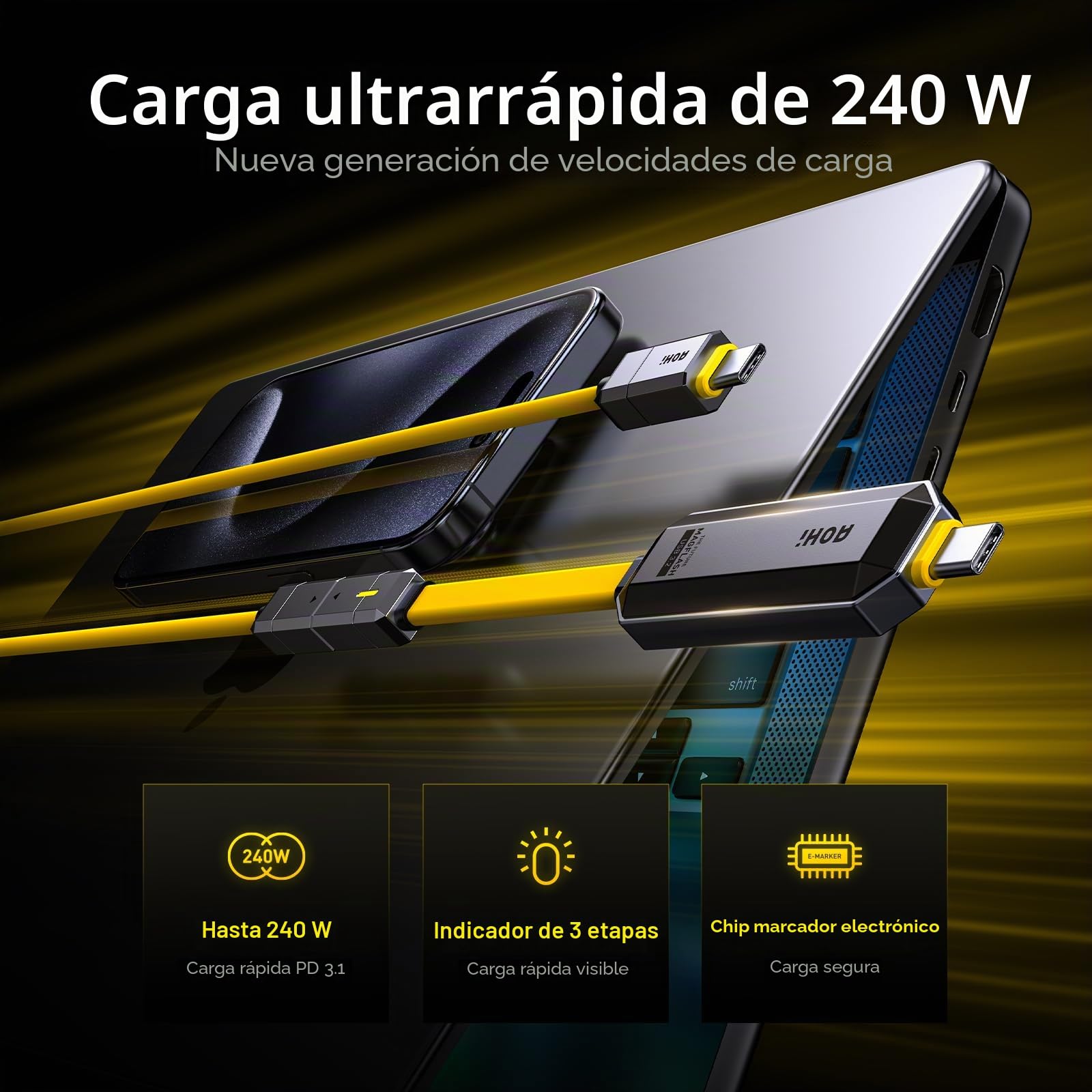 AOHI Spliceable - Juego de cables de carga rápida y almacenamiento de datos 2 en 1, cable USB C PD 3.1 de 240 W con unidad flash USB C de 512 GB, USB 3.2 Gen2 + unidad USB SSD tipo C para MacBook,
