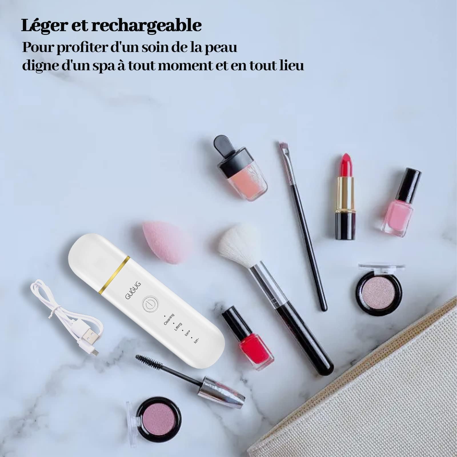 GUGUG Épurateur de Peau, Ultrasonique Épurateur Visage Skin Scrubber avec 4 Modes Appareils de Tonification pour le Visage et Point Noirs, Soins pour le Visage, USB Rechargeable