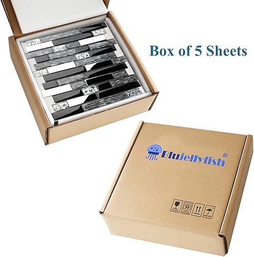 Miniatura 4 de Blujellyfish Azulejos de metal de vidrio, mosaico de seda, cristal negro, cromado, plateado, borde de pared, cocina, baño, azulejos TSTNB12 (5 pies