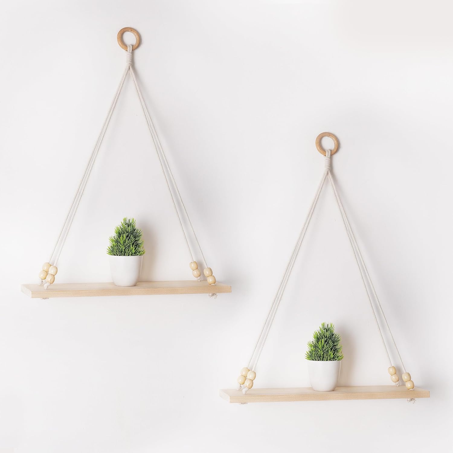 Decazone ® Macrame Wall Hanging Shelf Wood Floating Shelves with Wooden Beads & Ring Modern Chic Decor for Dorm Living Room Nursery Gift Item 55 x 43 cm Beige (Set of 2)