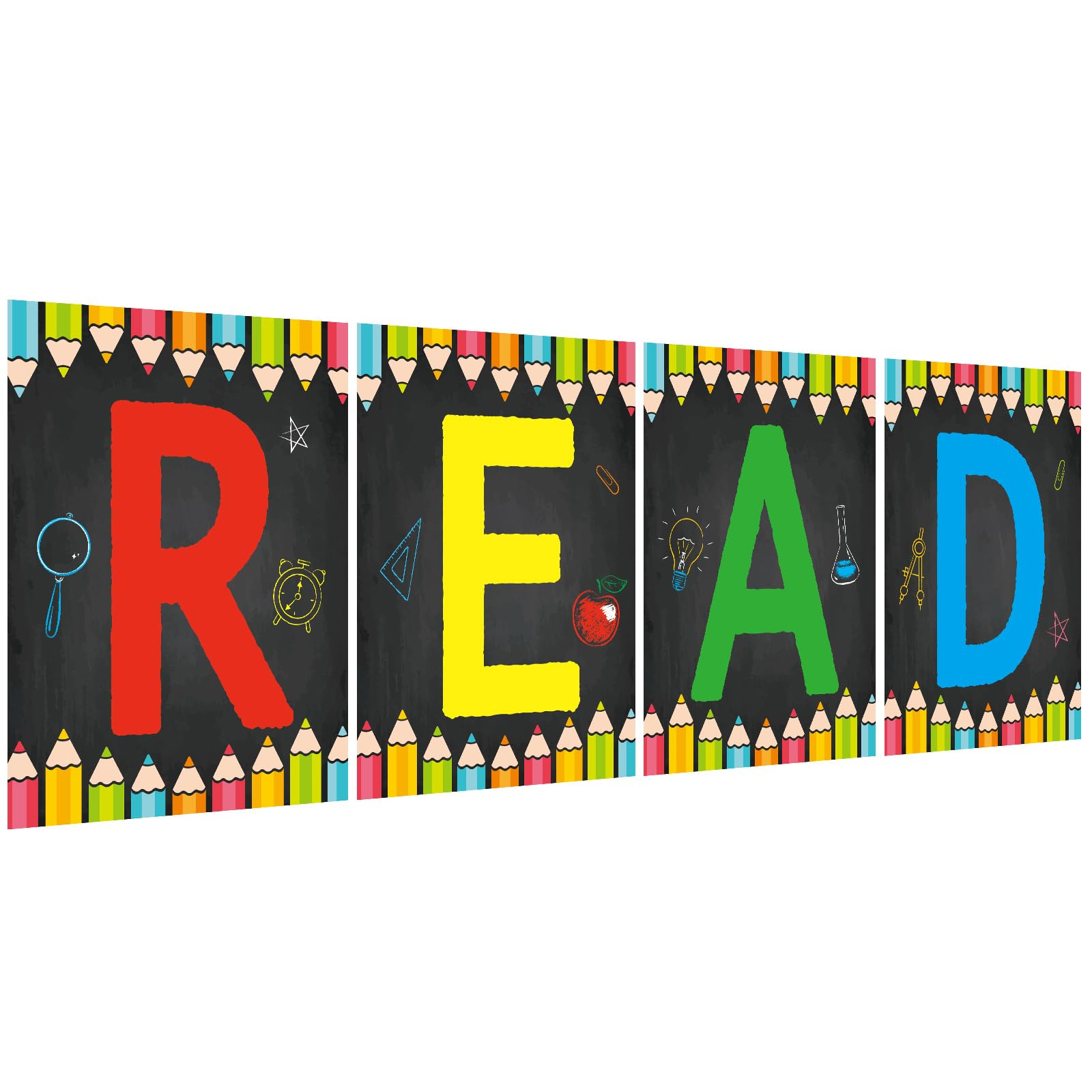 COCHIE Reading Posters for Classroom Decorations, Library Reading Corner Decor, Read Signs Poster Bulletin Board Set of 4, Pre-k Preschool Kindergarten Classroom Wall Decoration (Pencil)
