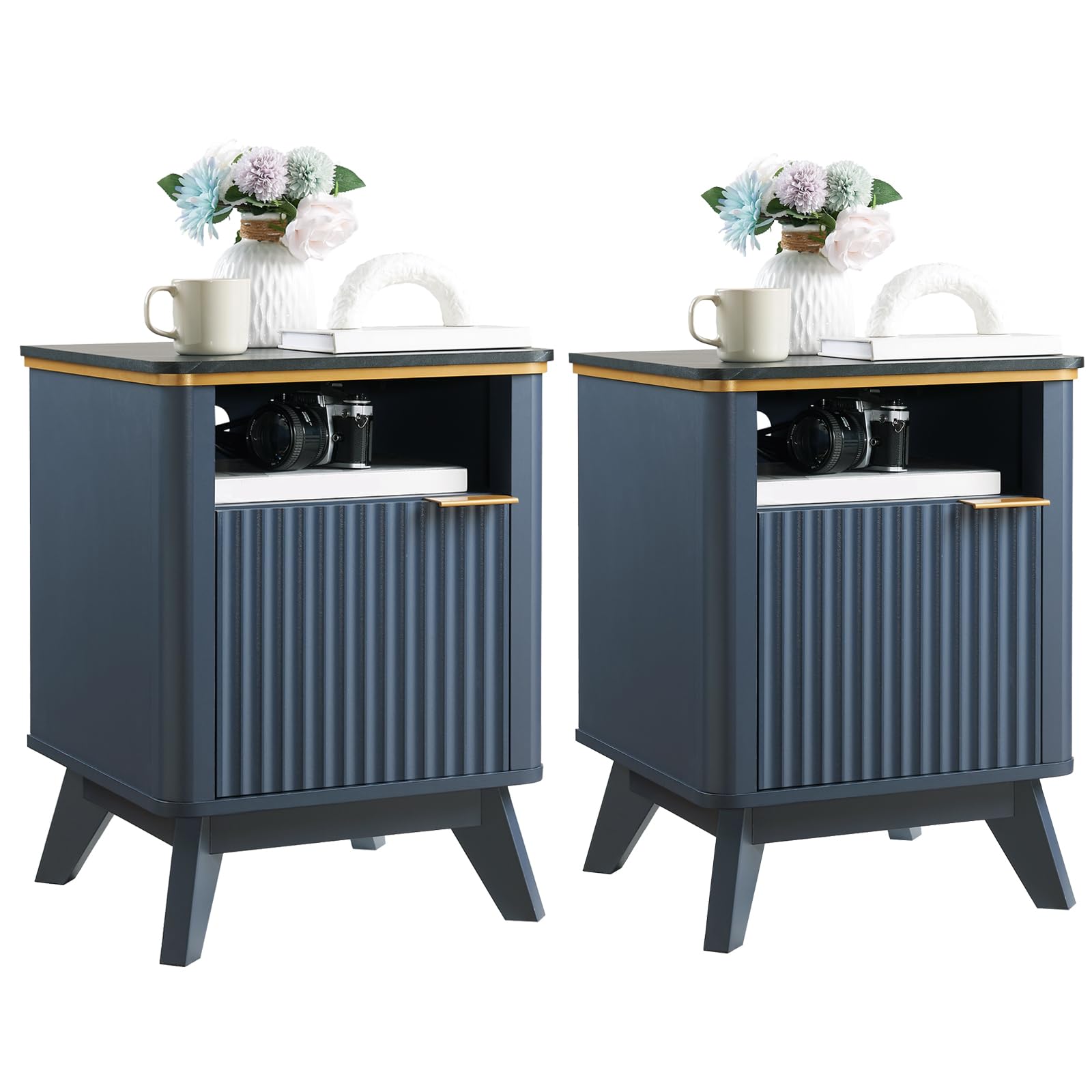 two navy blue fluted nightstands set with charging stations and open storage