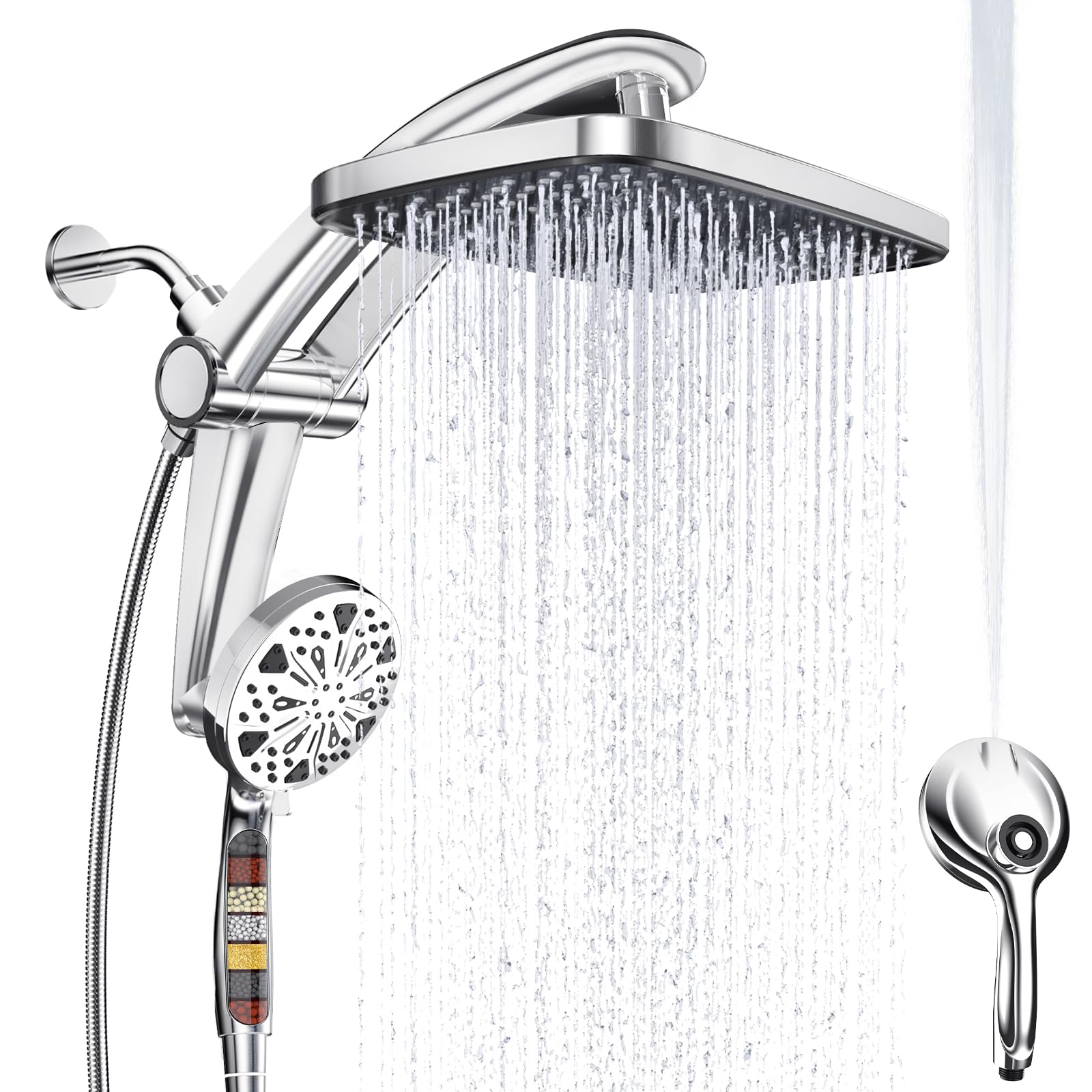 Rain Shower Head with Handheld High Pressure Rainfall Shower Heads with Handheld Spray Combo Adjustable one-Piece Stand daul Shower Head Built-in Magnetic Docking and Power Jets（Sliver）
