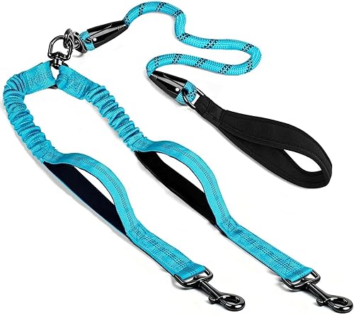 Vista 9 de Correa doble para perro sin enredos, correa elástica para dos perros, correas reflectantes con dos asas de tráfico adicionales para caminar 2 perros