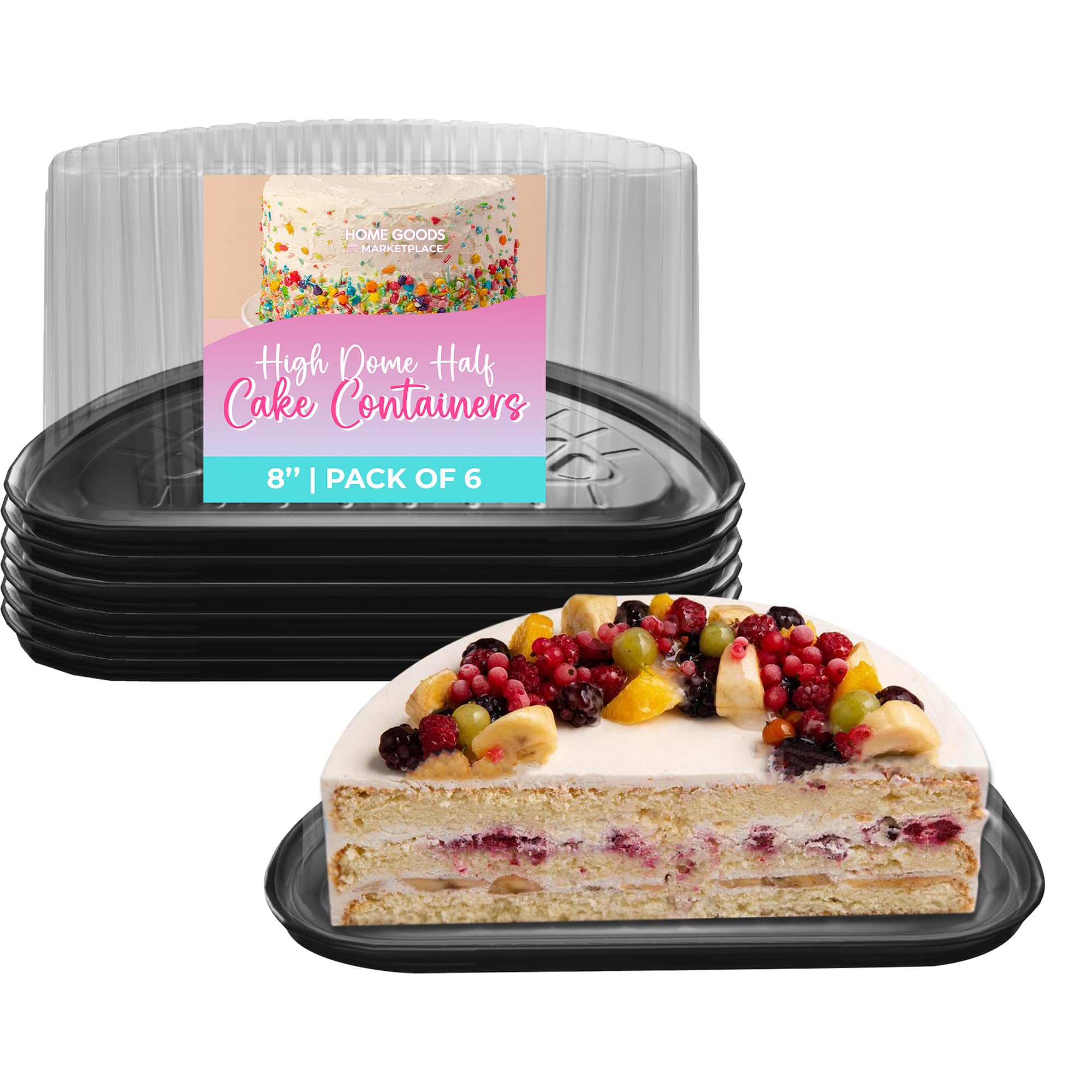 HOME GOODS MARKETPLACE Half Cake Containers with High Dome, 8 Inch – Pack of 6 – Durable Clear Plastic Cake Boxes for Storing, Transporting, and Displaying Cakes, Cupcakes, and Pastries