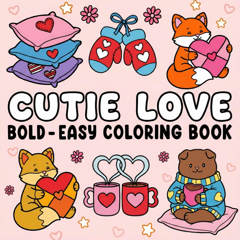 Cutie Love: Bold and Easy Coloring Book for Adults, Teens, and Kids with Adorable Animals, Sweet Treats, and Valentine Themes
