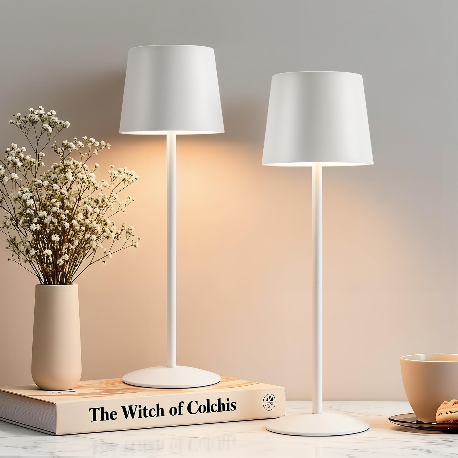 GyroVu Kabellose 2 Stück LED Tischlampe Weiß, Höhenverstellbar Touch Lampe Dimmbar Stufenlos, Wiederaufladbar Akku Tischleuchte mit USB-C, IP44 Wasserdicht, Für Camping Esstisch Wohnzimmer Nachttisch