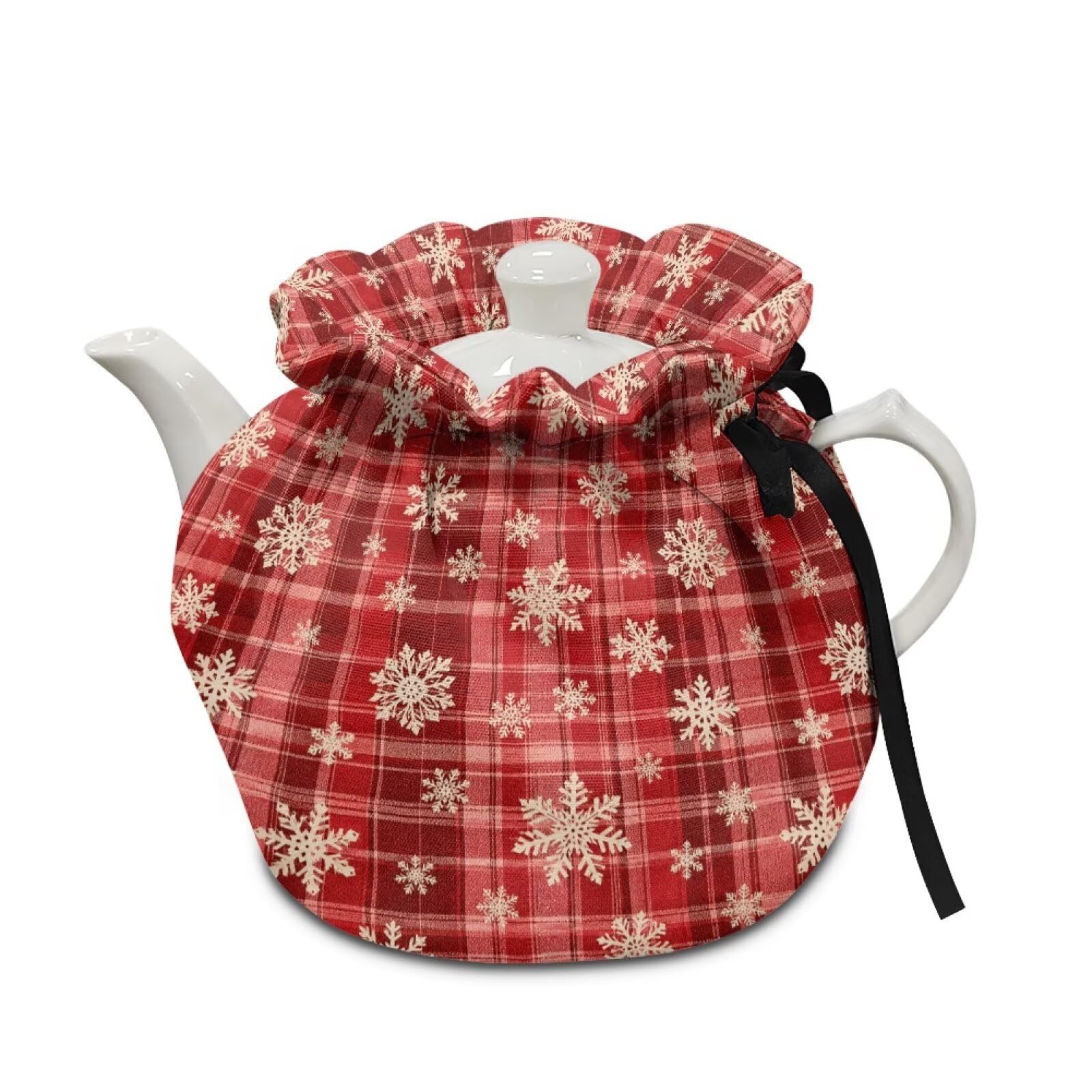 Poceacles Christmas Holiday Tea Cozy for Tea Pot Dust Cover with Insulation Pad Soft Fabric Kettle Cloth Cover for Kitchen Table Top Decorations, Christmas Plaid Snowflake Red