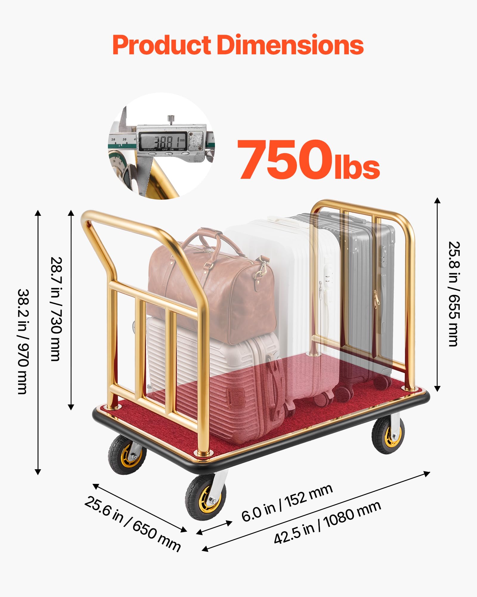 VEVOR Chariot à Bagages d'Hôtel, Charge Max. 340,19 kg, Chariot Porte-Bagages pour Hôtels et Complexes Hôteliers, avec Cadre en Acier Inoxydable, Roues en Caoutchouc 152 mm, Plateau Moquetté Rouge, Or