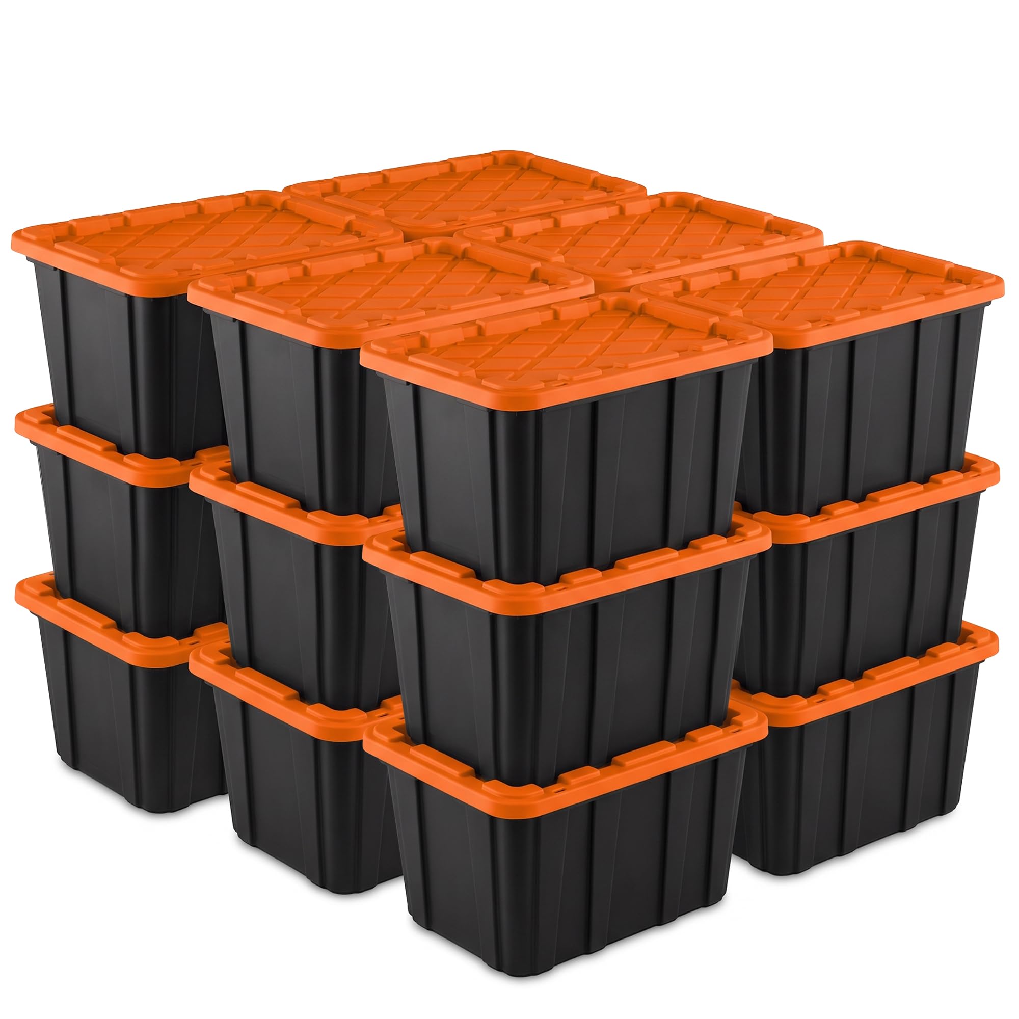 Sterilite 18 Pack 27 Gallon Industrial Tote with Snap Fit Lid, Orange/Black