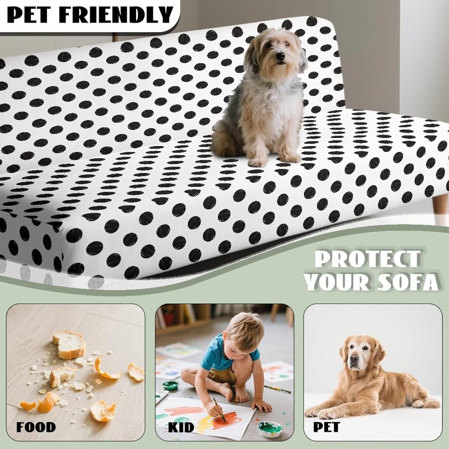 Black Polka Dot Couch Covers for Armless Sofa White Futon Sofa Protectors Pet Protection Soft Washable Couch Slip Cover Elastic