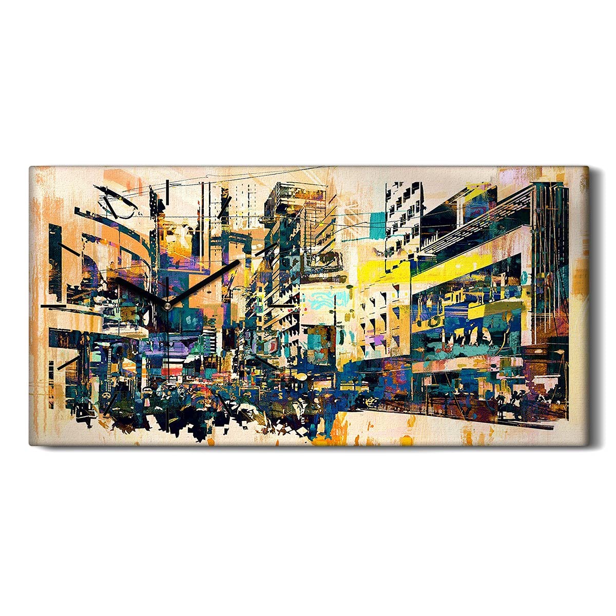 Horloge sur toile sans bruit aiguilles noires paysage urbain pour bien dormir