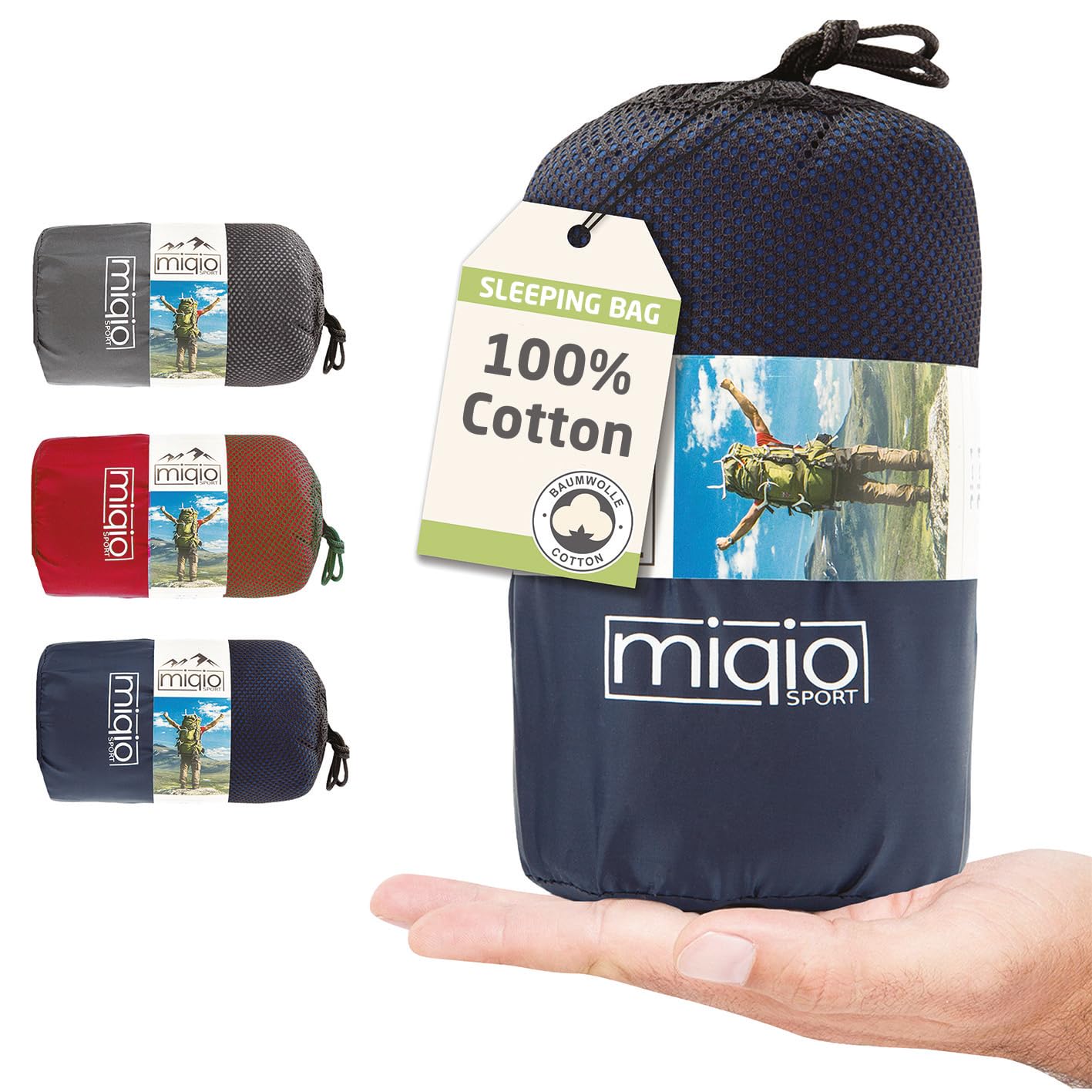 MIQIO 2-in-1 Sleeping Bag Liner and XL Sized Travel Sheet - All Around Zipper - 100% Cotton - Ultra Lightweight Sleep Liner for Hotel Hostel and Camping