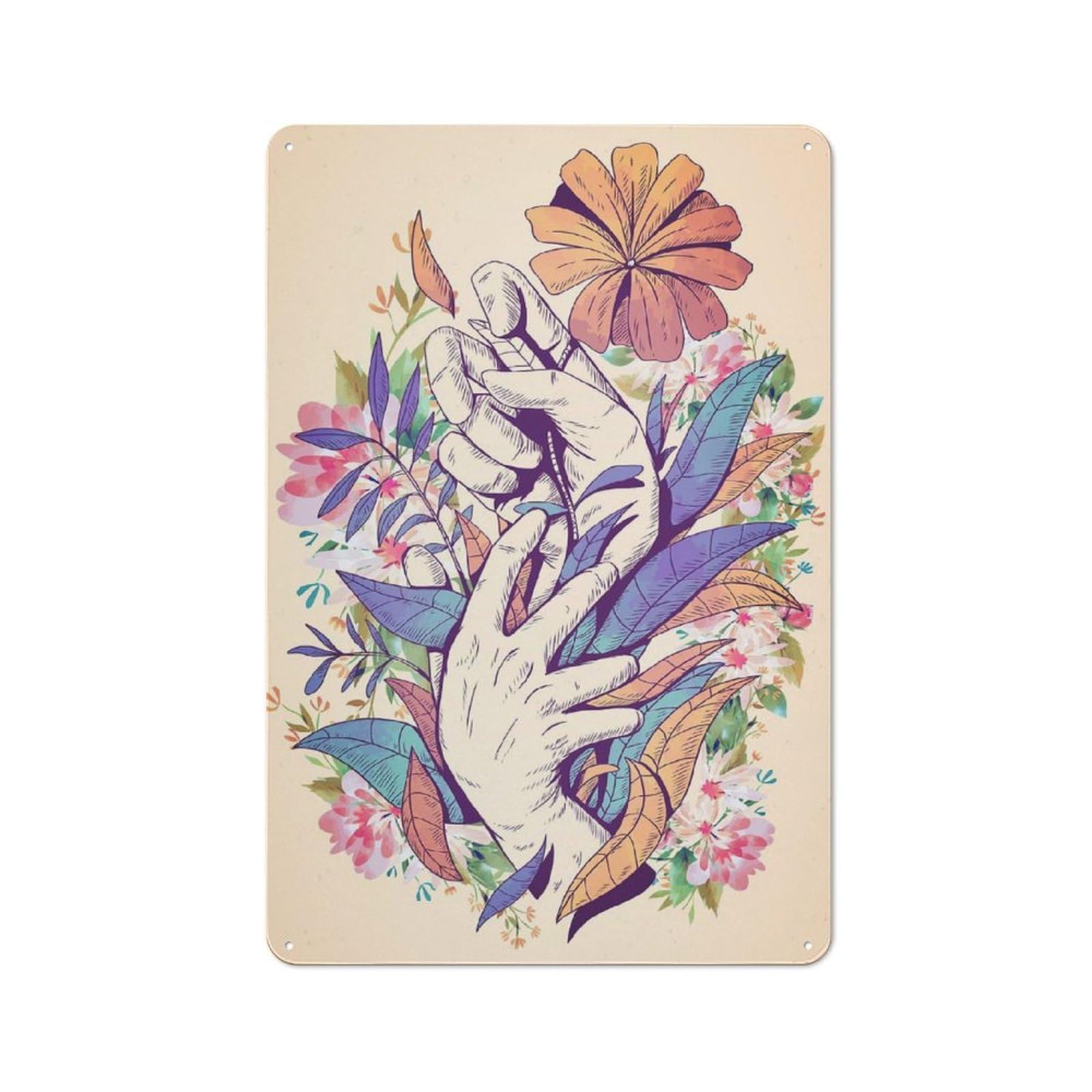 Junmoney Style-18 Metal Wall Plaque With Expressionistic Flowers Design 30X20cm, Classic Retro Room Decor For Kitchen, Hallway, Bar Or Small Cafe