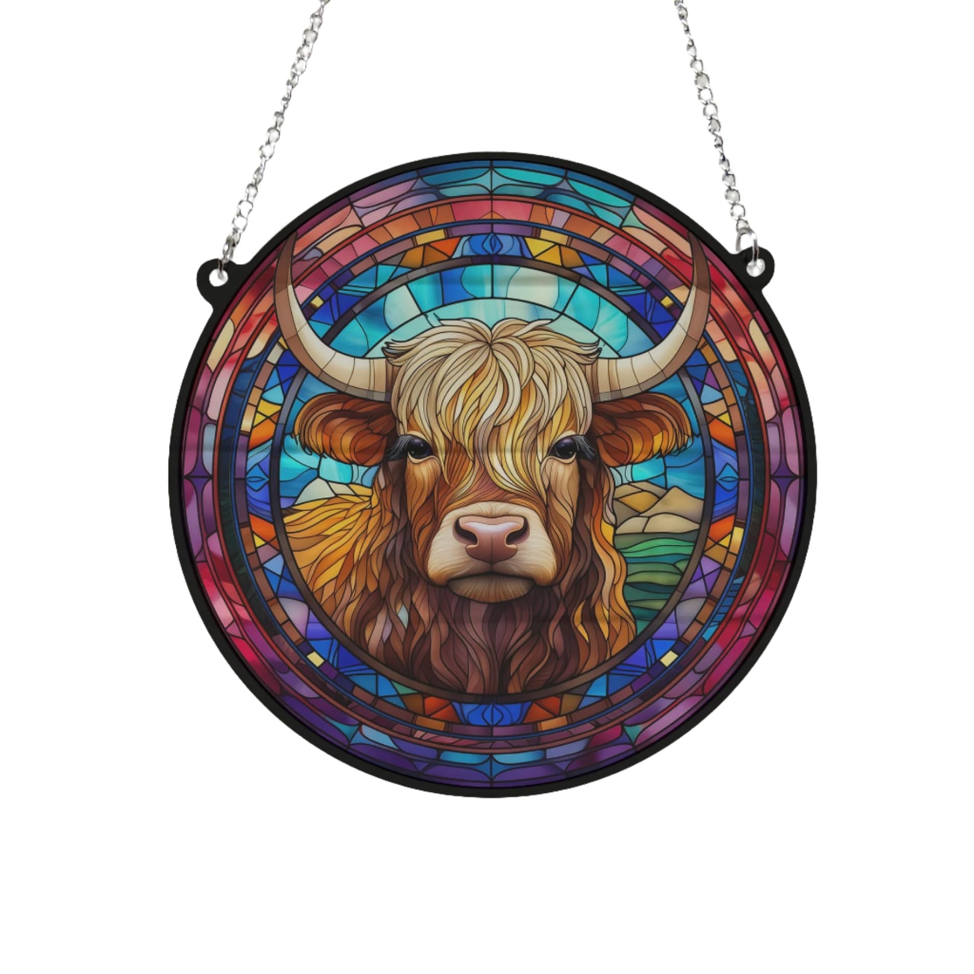 Highland Cow Stained Glass Effect Suncatcher - Garden Gift - Animal Lovers - Highland Lovers (19cm), Multicolored