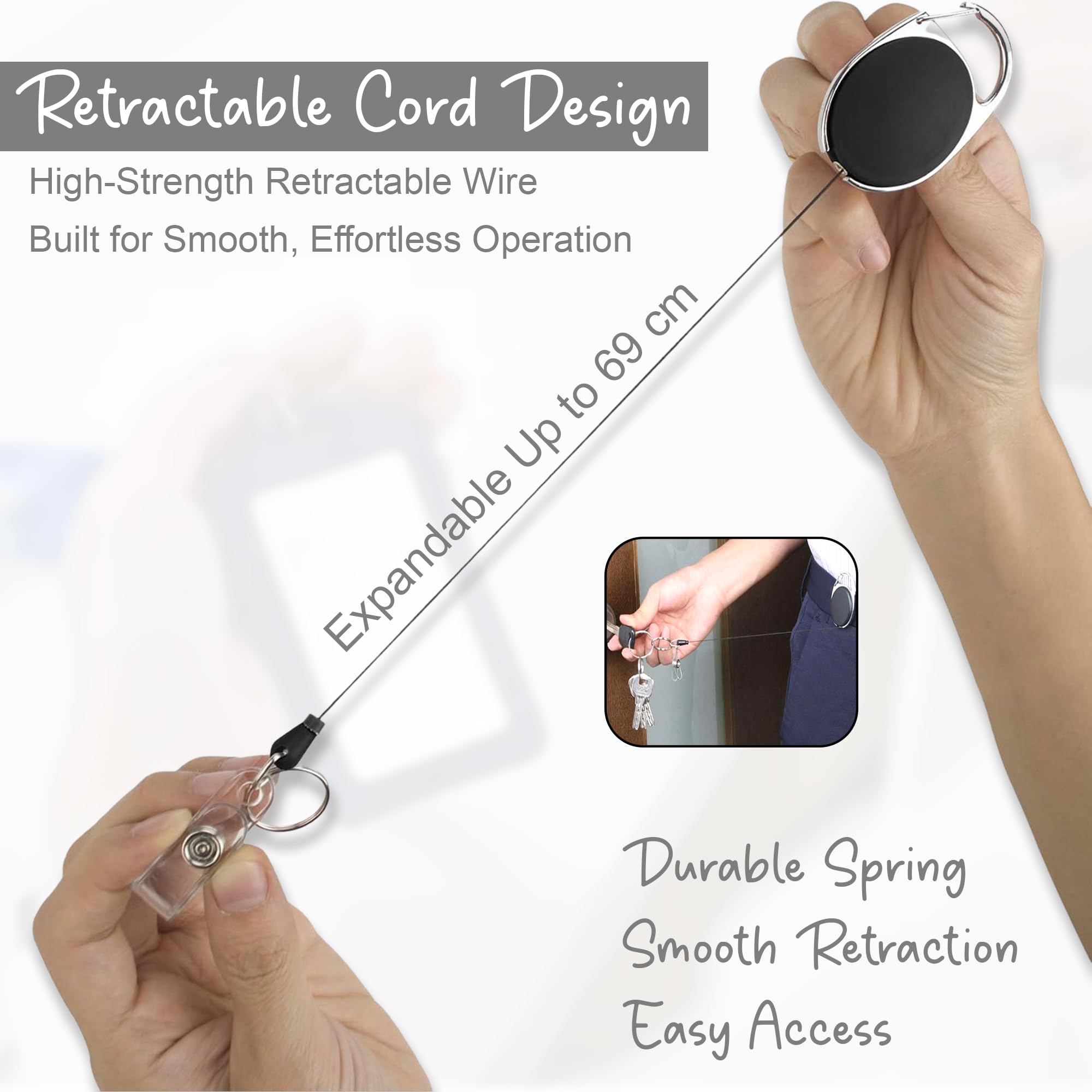 GLUN® Black Oval Round ID Reel Holder, Set of 2 Retractable Clip Badge Card Holders for Office Employees