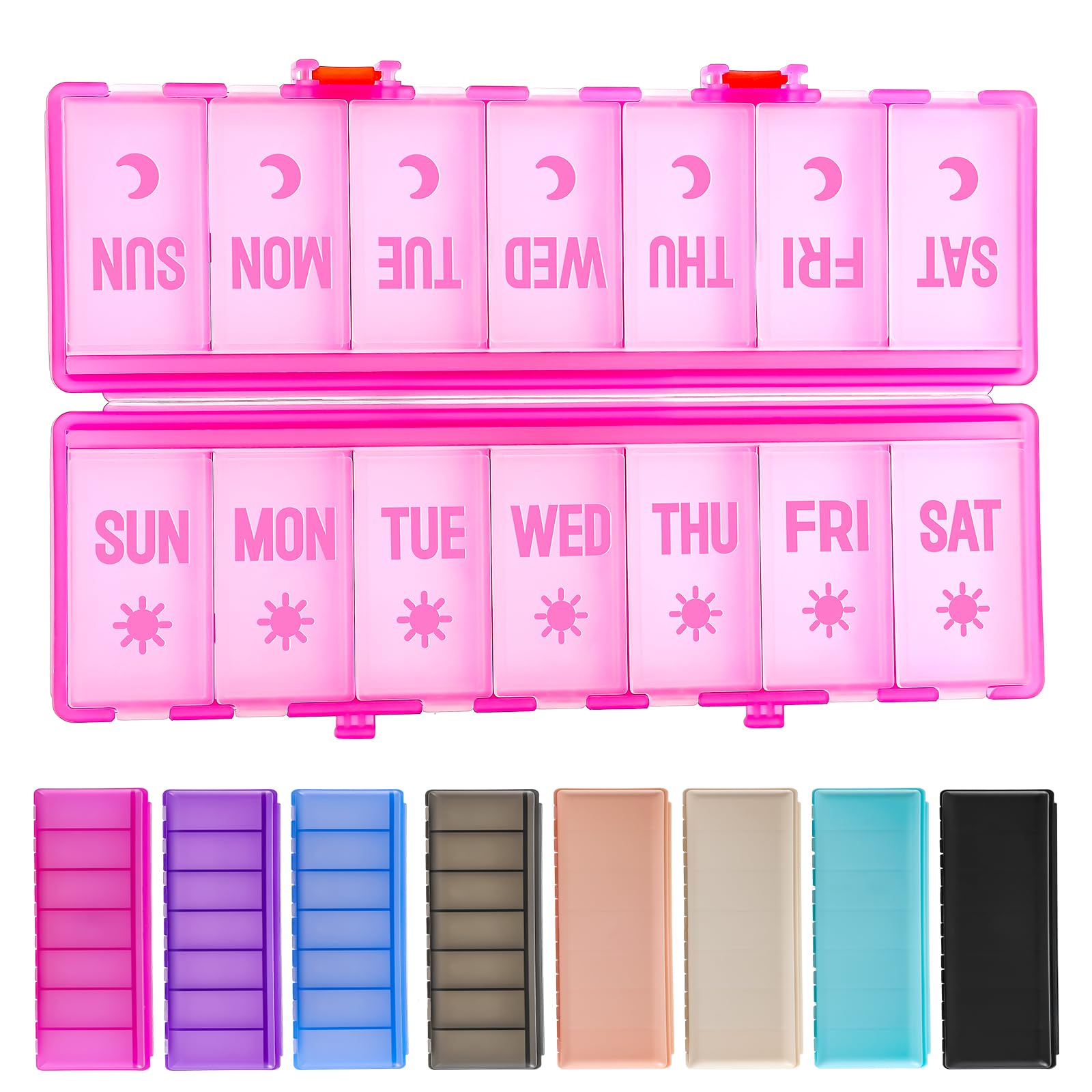 Foldable Pill Organizer 2 Times a Day w/Etched Labels -Dual Protection &amp; Portable Weekly AM PM Pill Box, 7 Day Medicine Container, Large Travel Pill Case for Week Daily Supplement Vitamin -Clear Pink