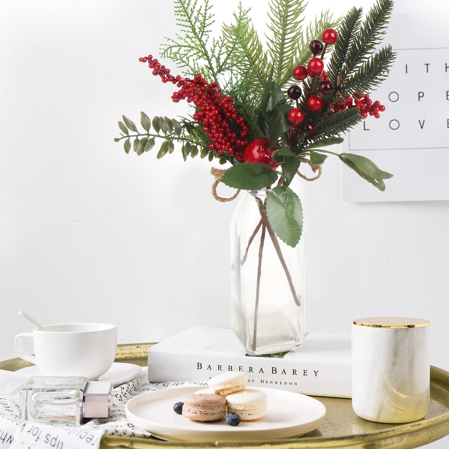 CCINEE Künstliche Stechpalmenstiele für Weihnachten, 16 Stück, Verschiedene Tannenbeeren, Zweige, künstliche Stechpalmenstiele für Weihnachtsbaumdekoration, Basteln, Girlandenkranz, Dekor