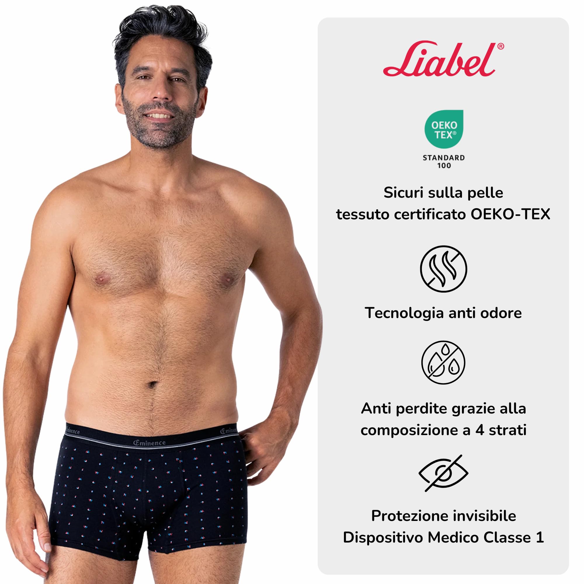 Boxer Sanitario Assorbente da Uomo, Cotone Elasticizzato, Dispositivo Medico, Anti Odore, Invisibile 4 Strati Piccole Perdite Urinarie, Incontinenza (Fantasia, L)