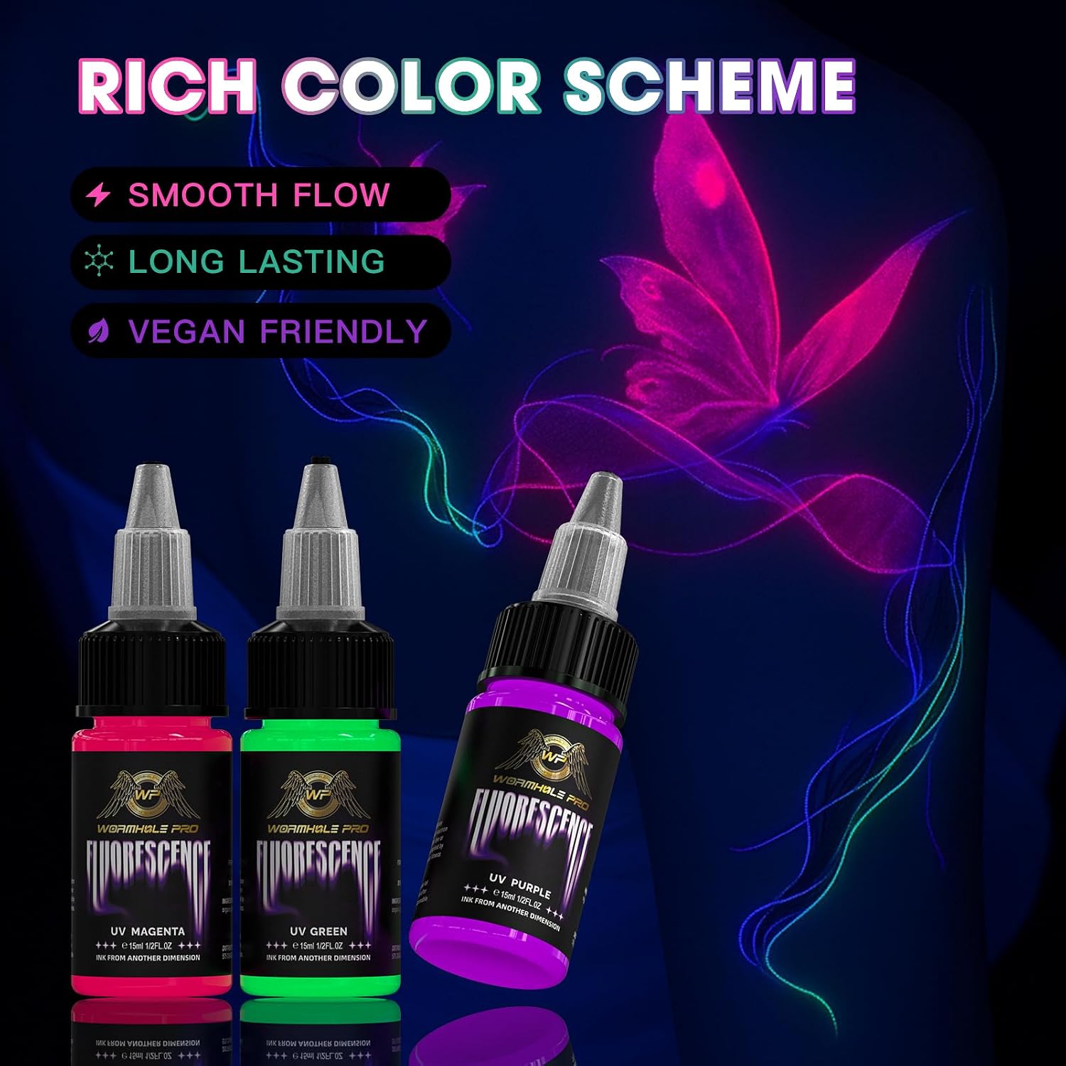 WORMHOLEPRO Tattoo Ink, 1/2oz (15ml) UV Tattoo Inks Set Long-Lasting Color Professional Tattoo Kit with Fluorescent Lamp -Green, Purple, Magenta
