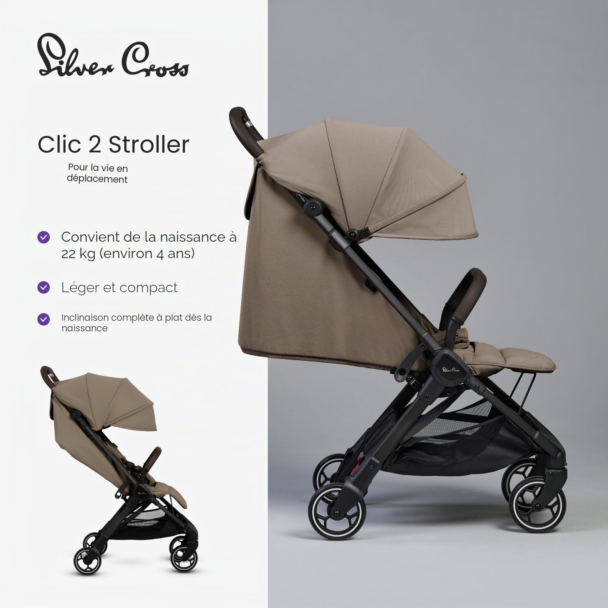 Silver Cross - Poussette compacte et sac de voyage Clic - Poussette de voyage - Pliable et légère - Taille cabine - Nouveau-nés jusqu'à 4 ans - Pavé