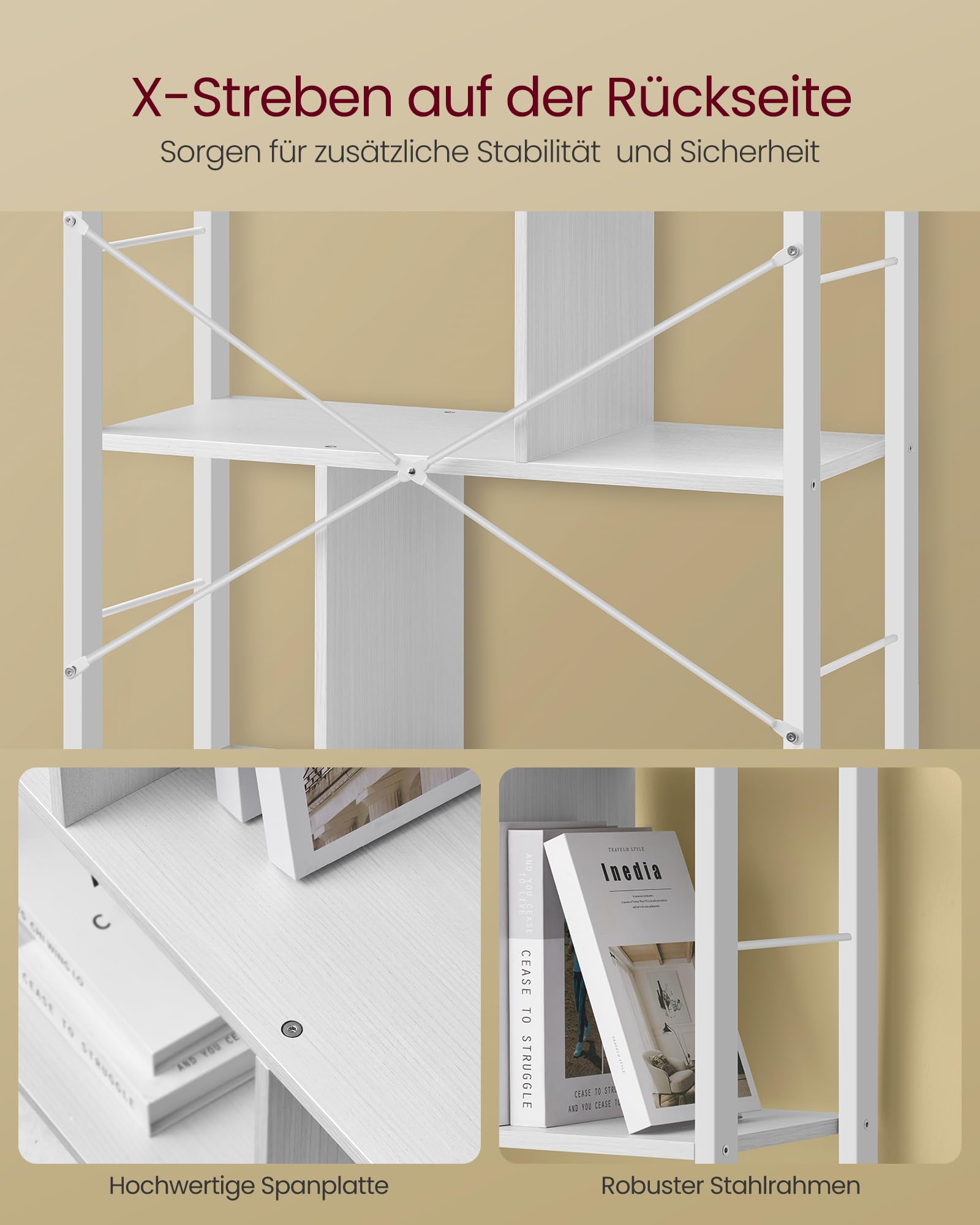 VASAGLE Regal, Bücherregal, Büroregal mit 5 Ebenen, Standregal, Aufbewahrungsregal, groß, Metallgestell, ahornweiß-wolkenweiß LBC012W44