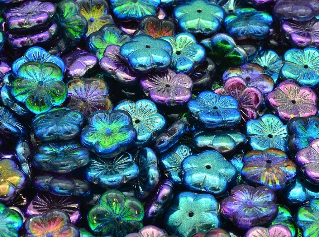 10 pcs Flat Cherry Flower Beads 0.55 in (14 mm) Crystal Matte Light Blue Lined 00030-84110-54308