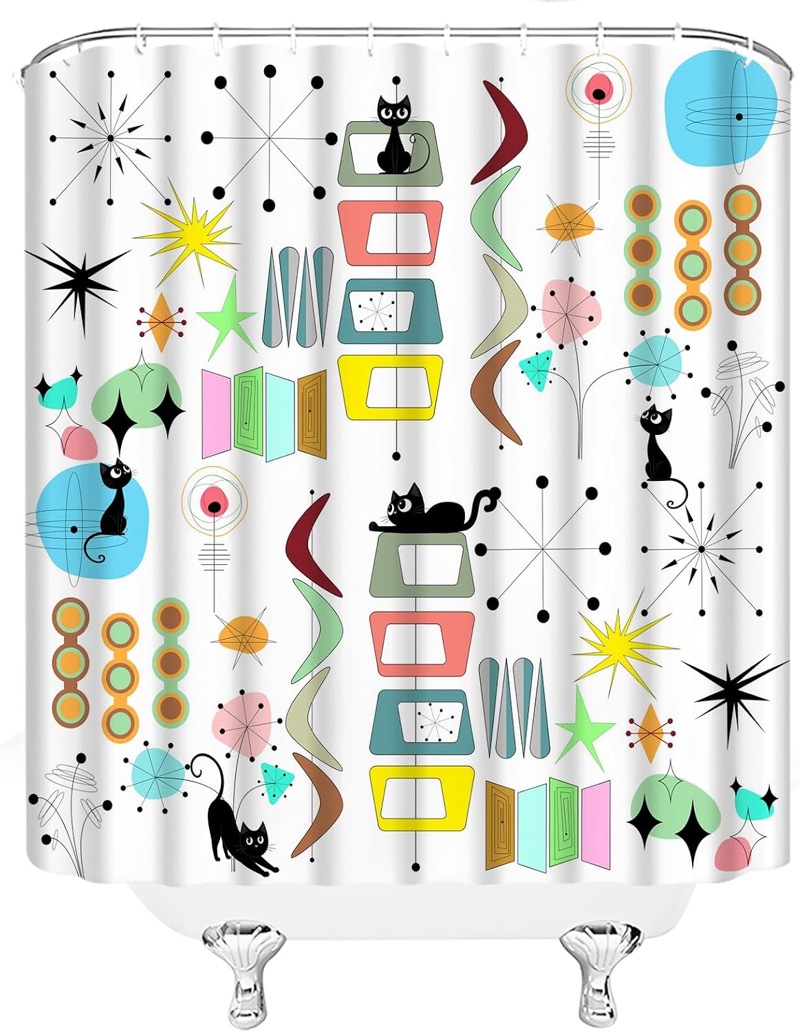 Mid Century Modern Shower Curtain Black Cat Retro Atomic Sputnik Boomerangs Abstract Geometric Iconic 50s 60s Vintage Aesthetics Art Polyester Fabric Bath Decor Curtain with Hooks