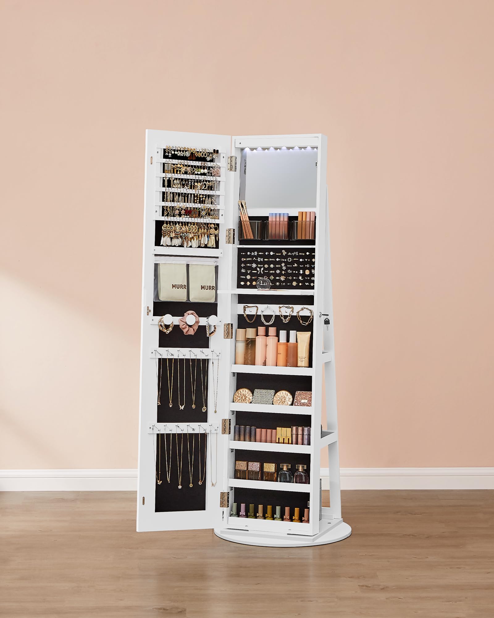 SONGMICS Tekerlekli ve Led Aydınlatmalı Kilitlenebilir Mücevher Dolabı, Beyaz, J
